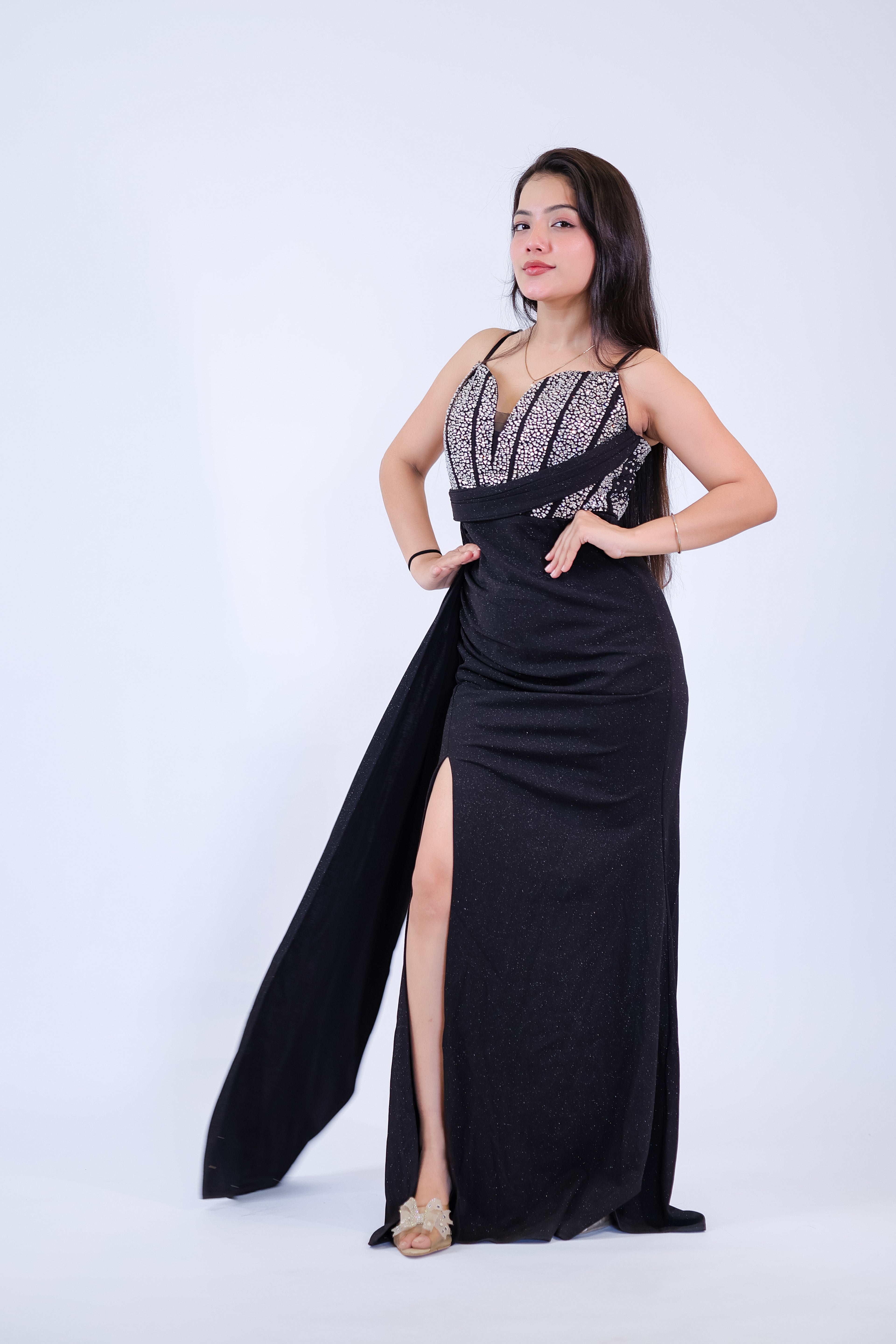 Midnight Crystal Slit Gown