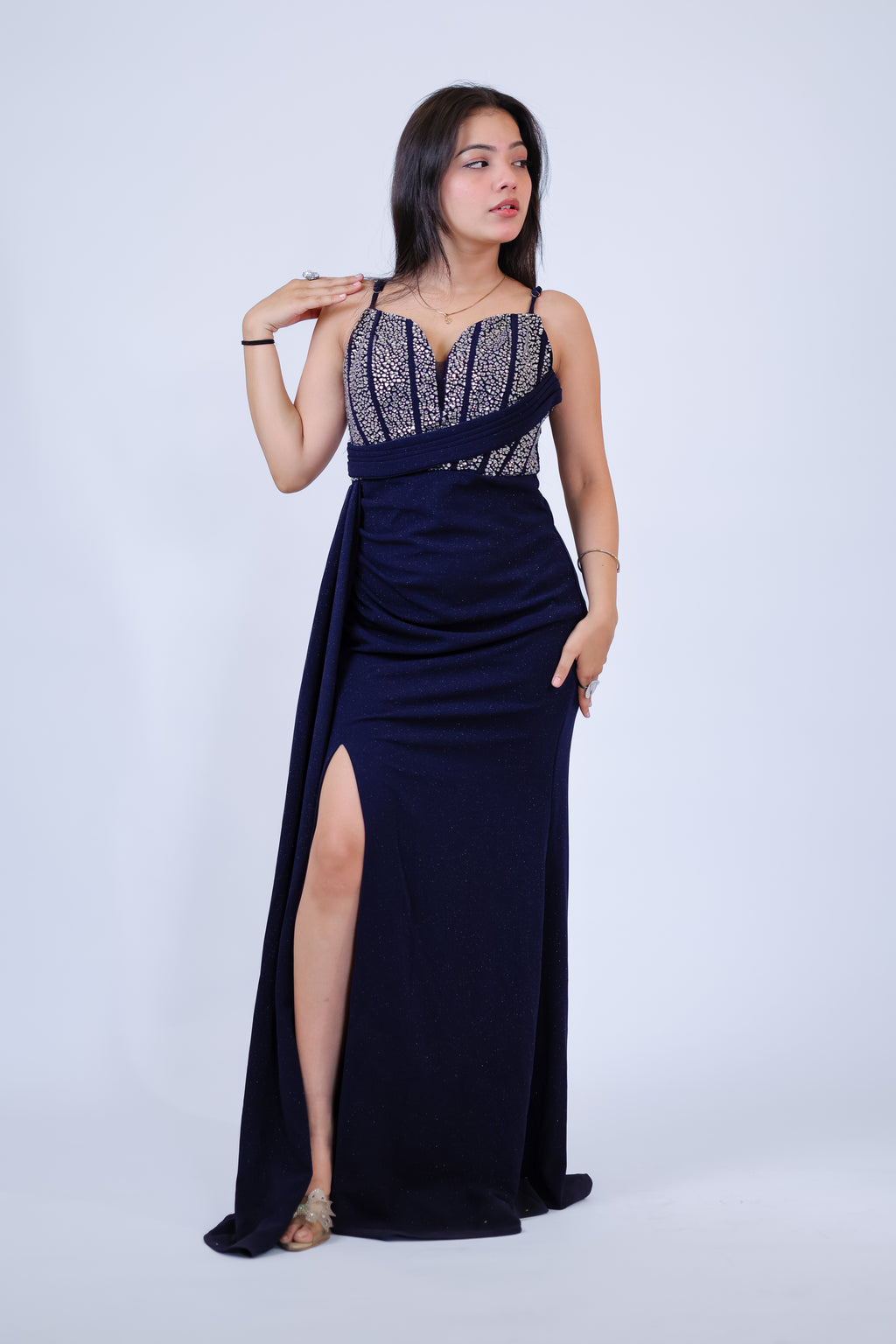 Navy Reverie Crystal Slit Gown