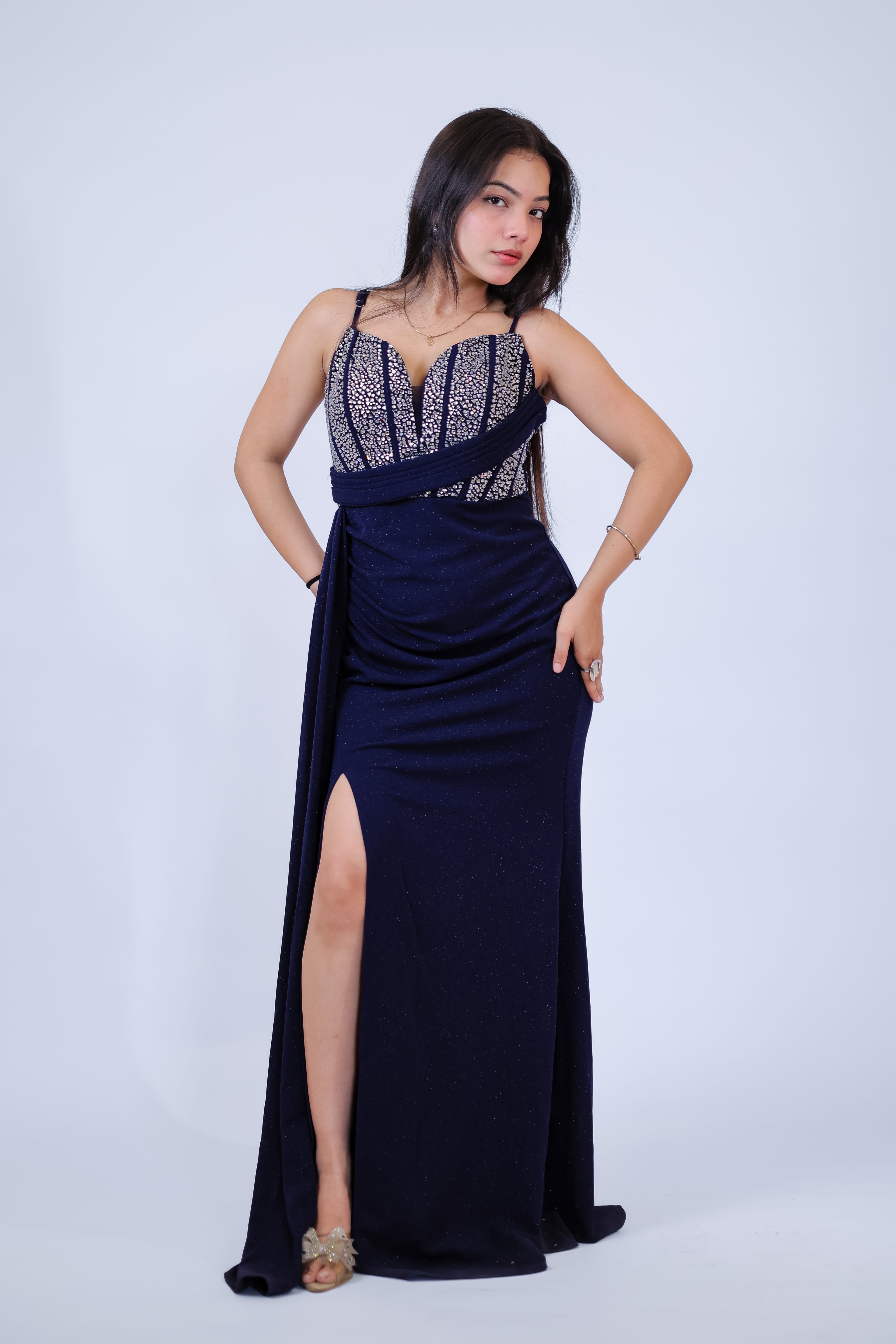Navy Reverie Crystal Slit Gown