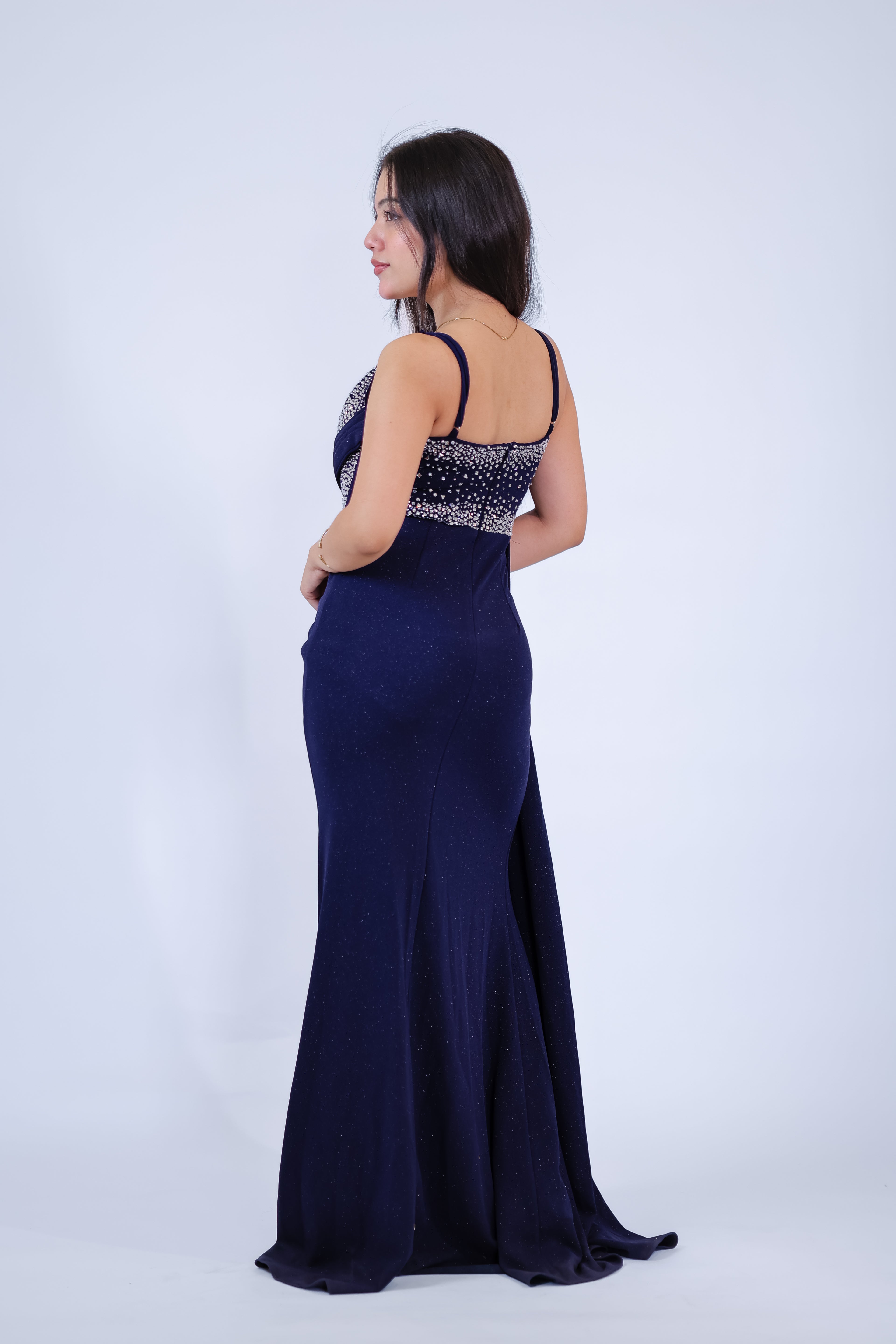 Navy Reverie Crystal Slit Gown