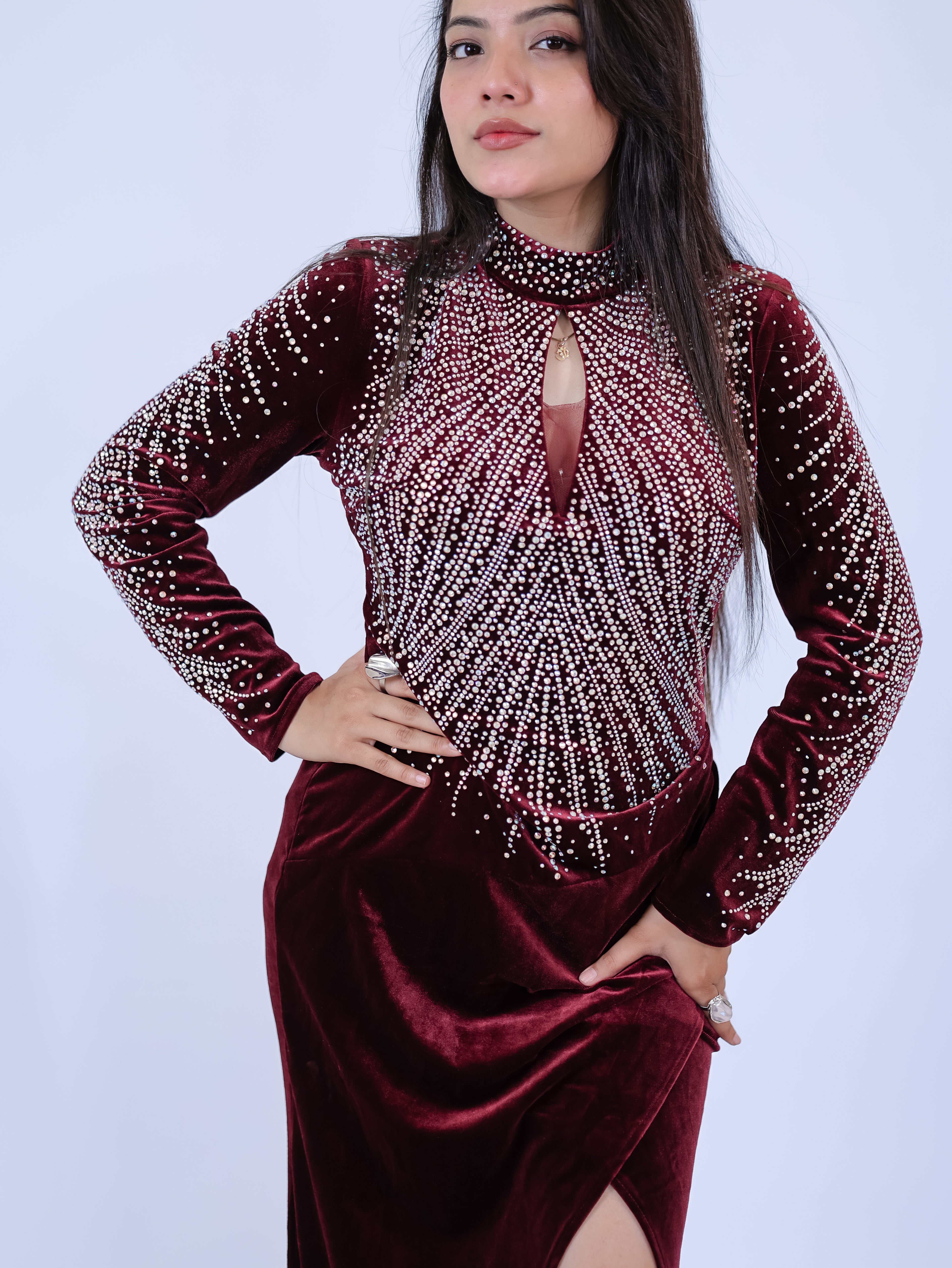 Crimson Velvet Starburst Slit Gown