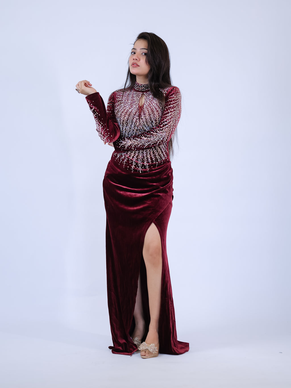 Crimson Velvet Starburst Slit Gown