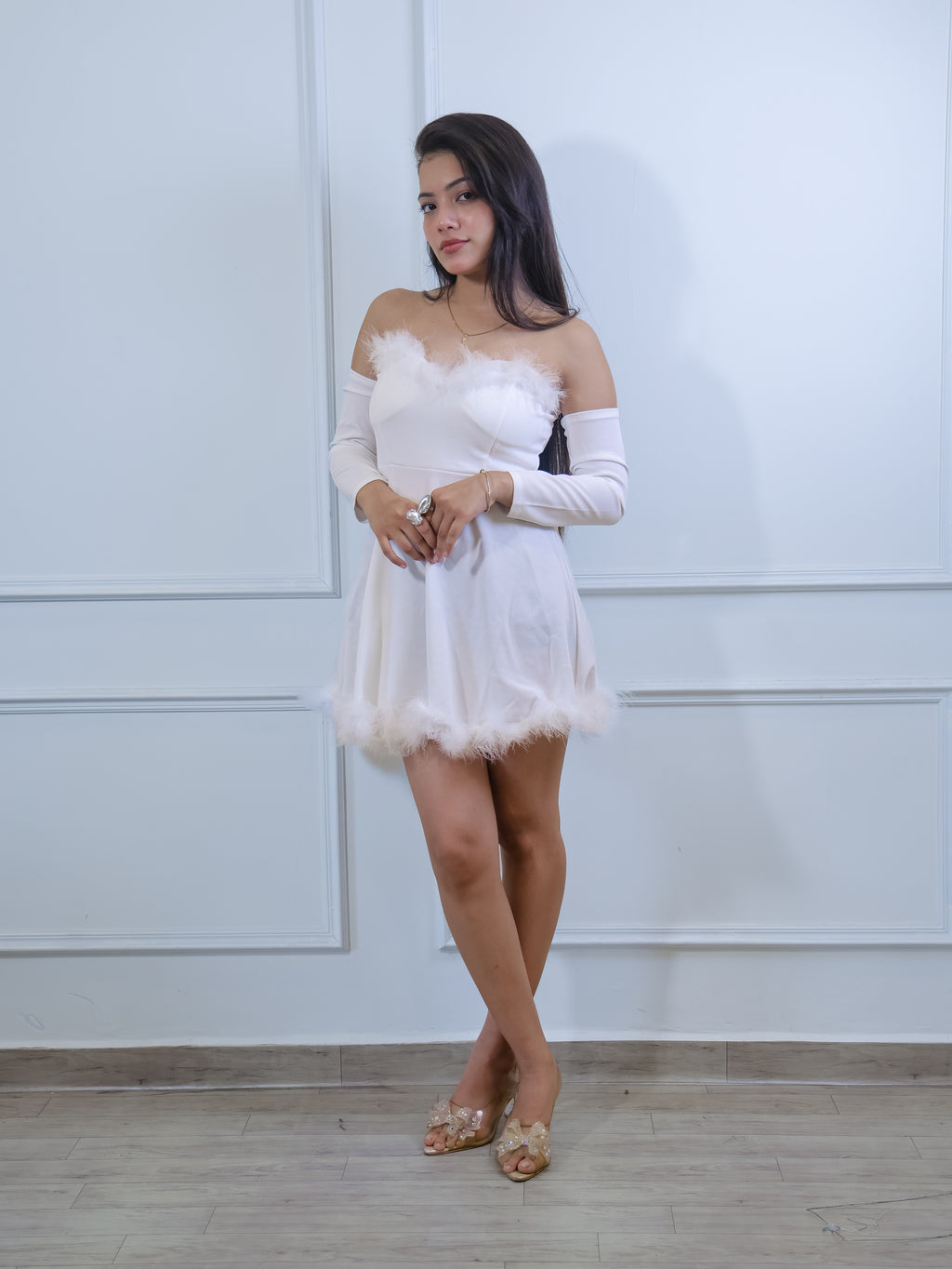 Cloud Nine Feather Trim Mini Dress