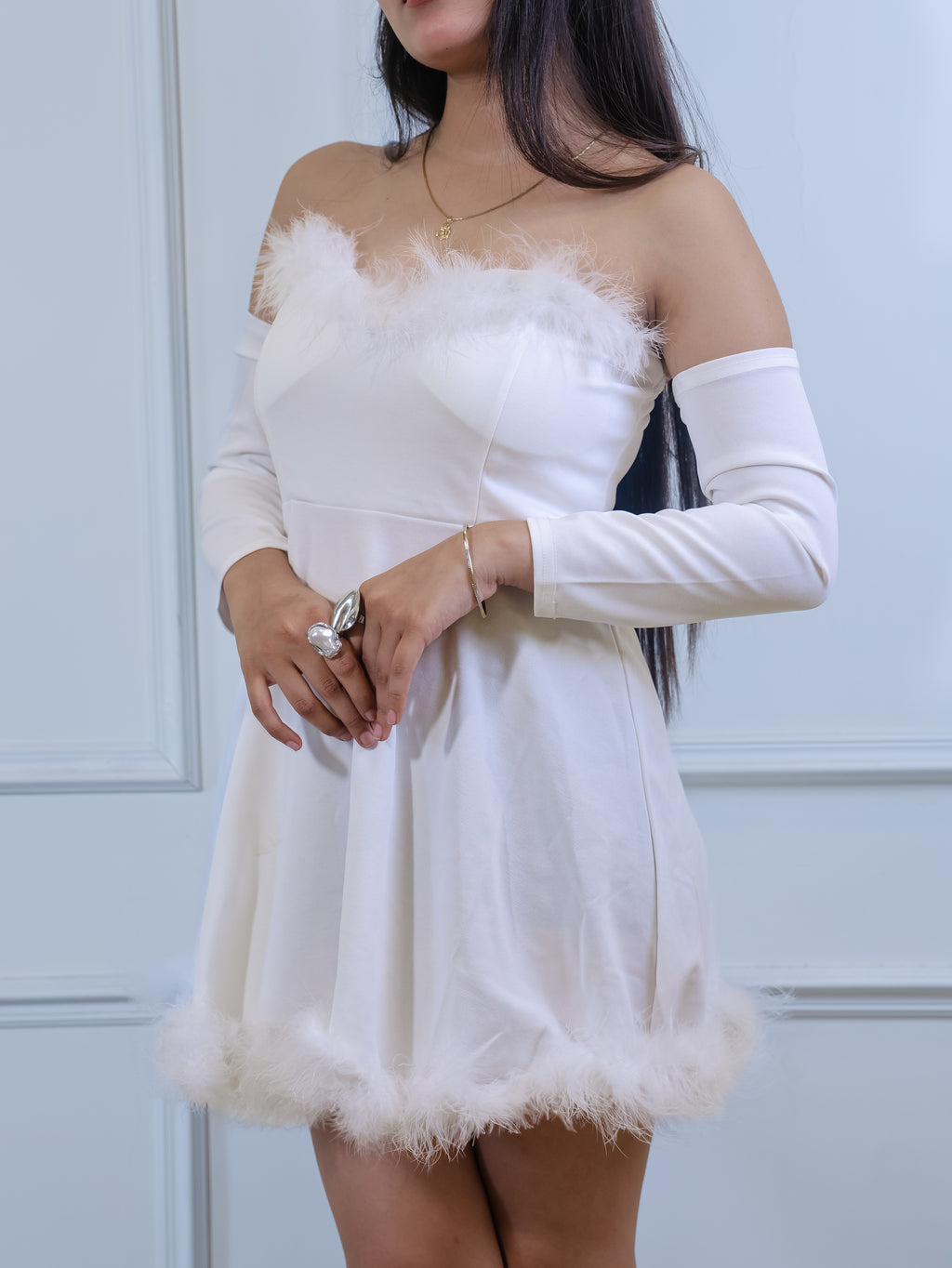 Cloud Nine Feather Trim Mini Dress