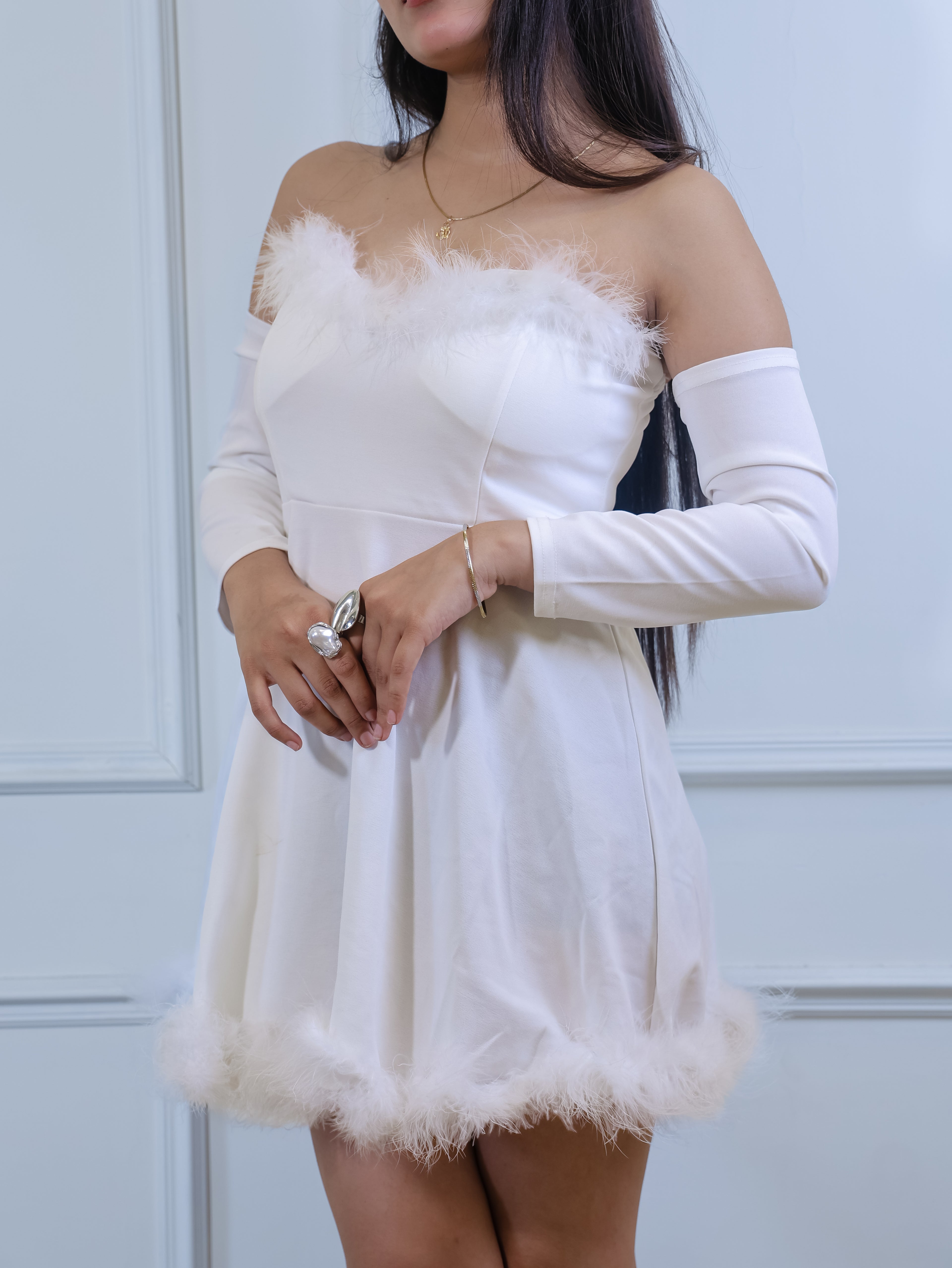 Cloud Nine Feather Trim Mini Dress