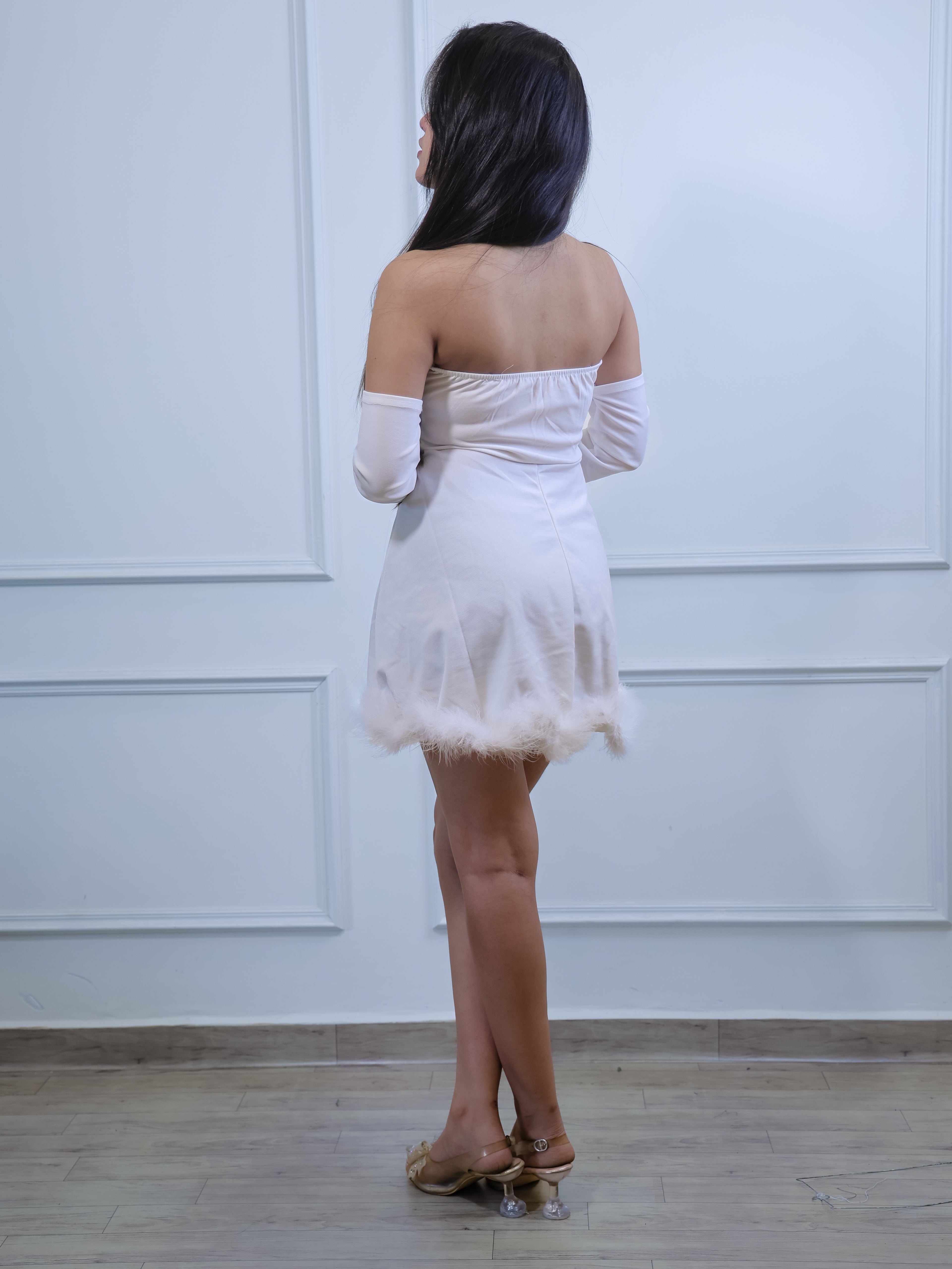 Cloud Nine Feather Trim Mini Dress