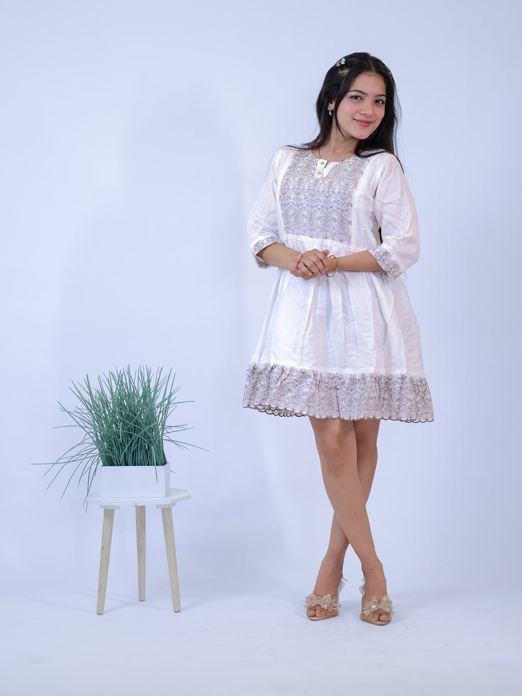 Pearl Mist Grey Embroidered Mini Dress