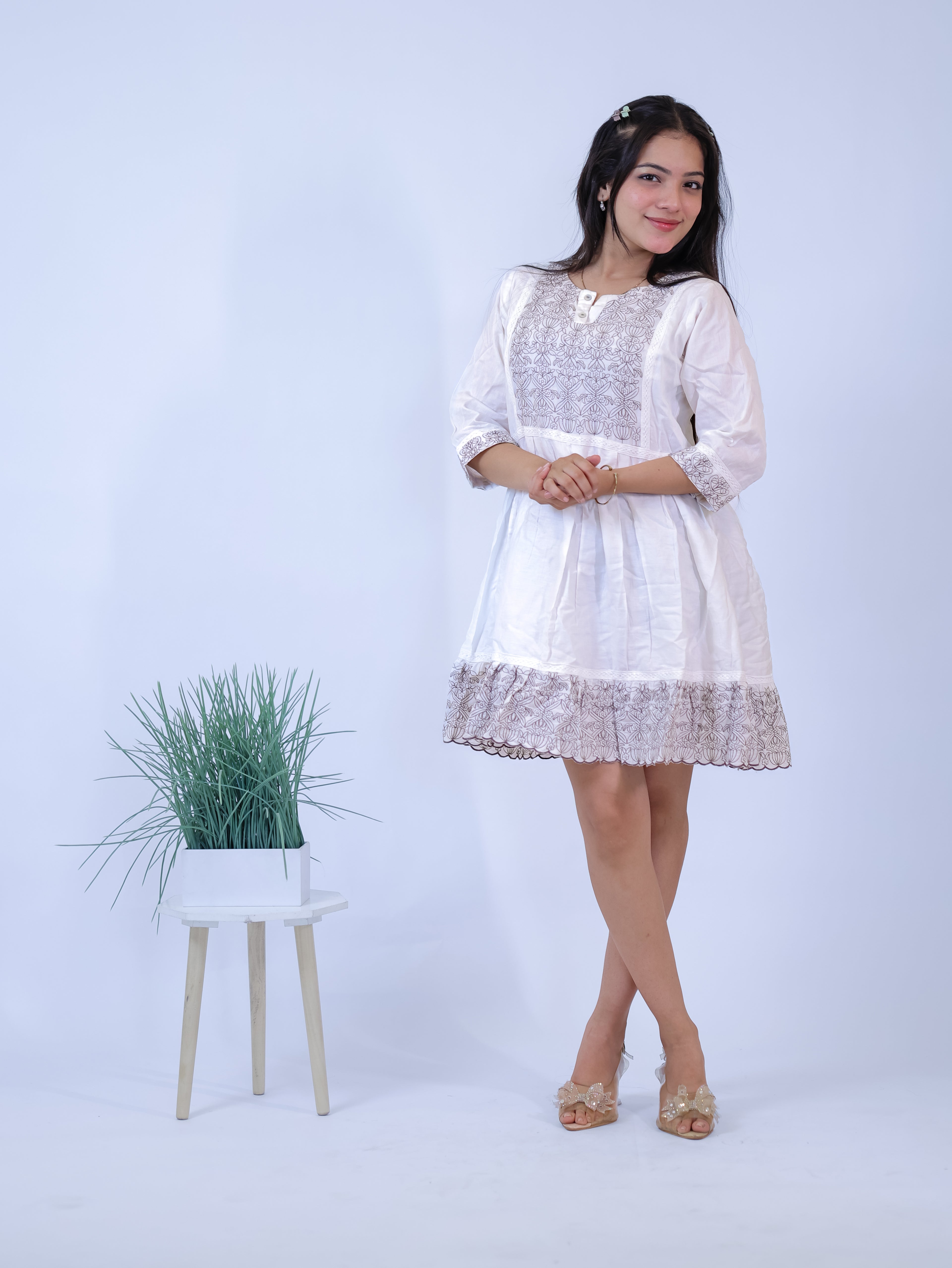 Pearl Mist Grey Embroidered Mini Dress