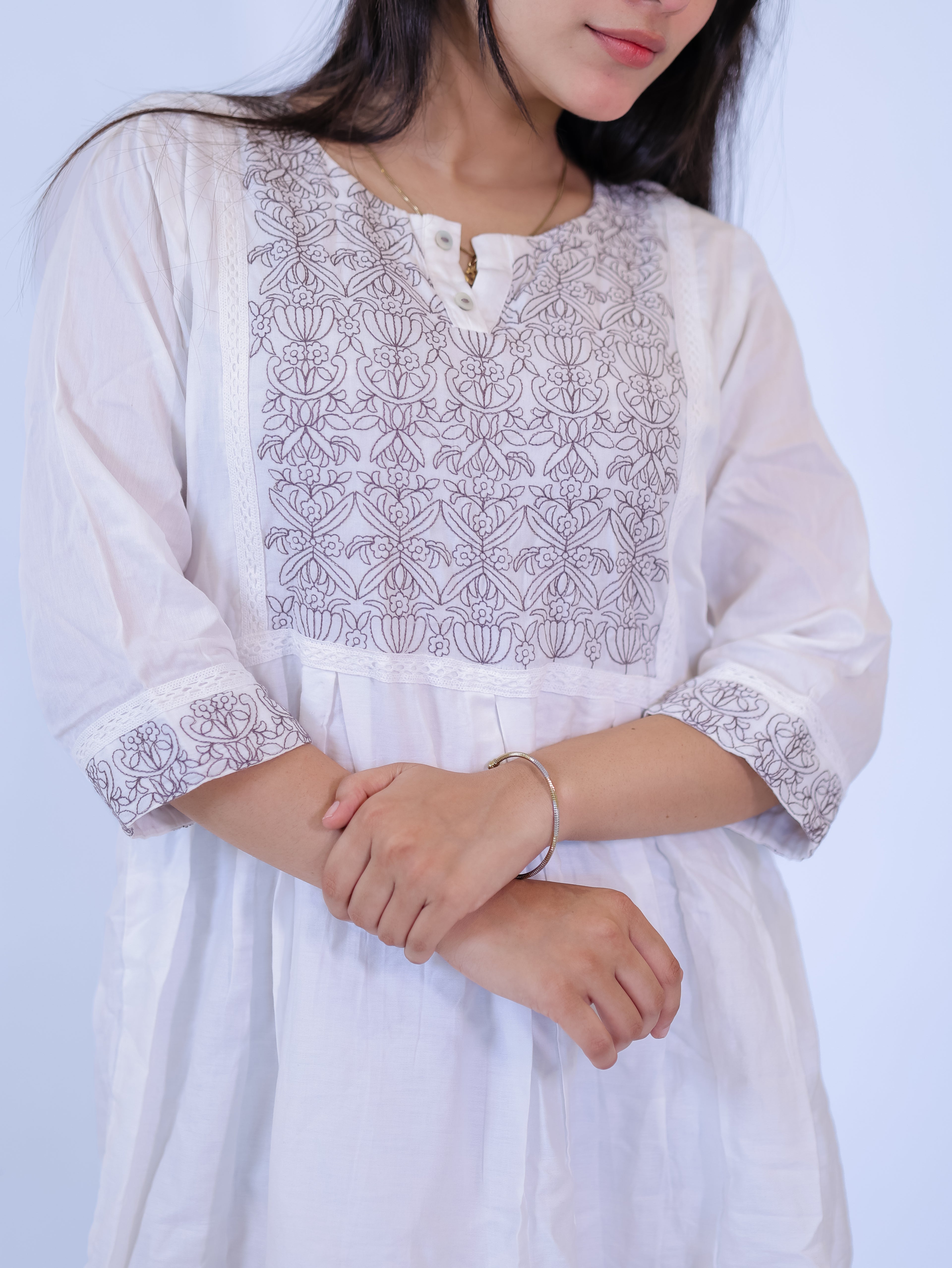 Pearl Mist Grey Embroidered Mini Dress