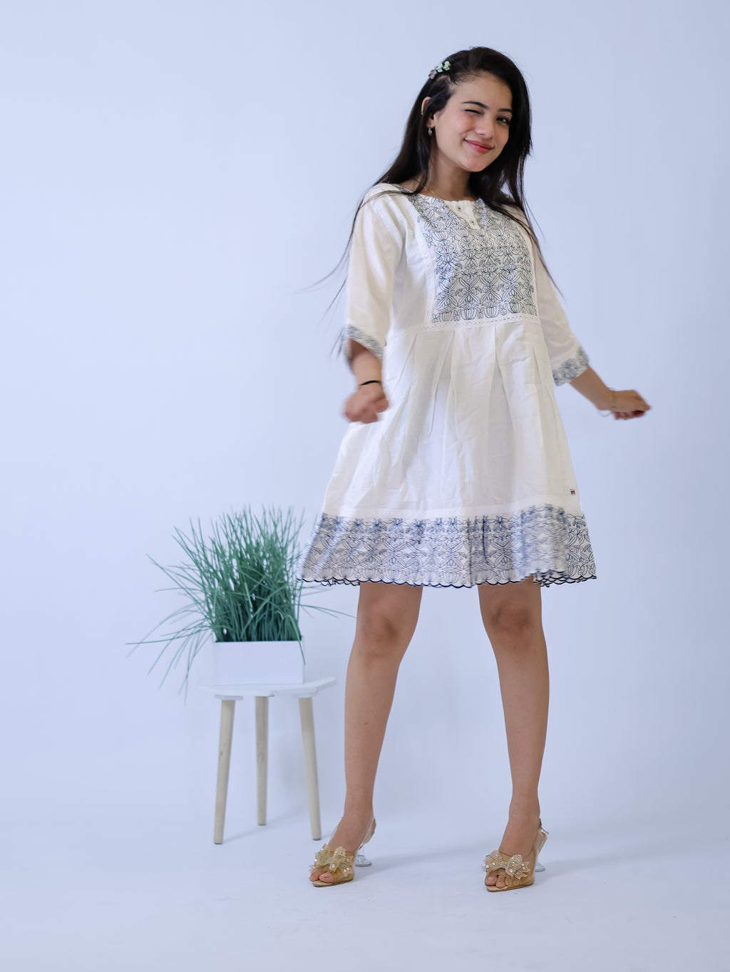 Ivory Indigo Bloom Embroidered Mini Dress