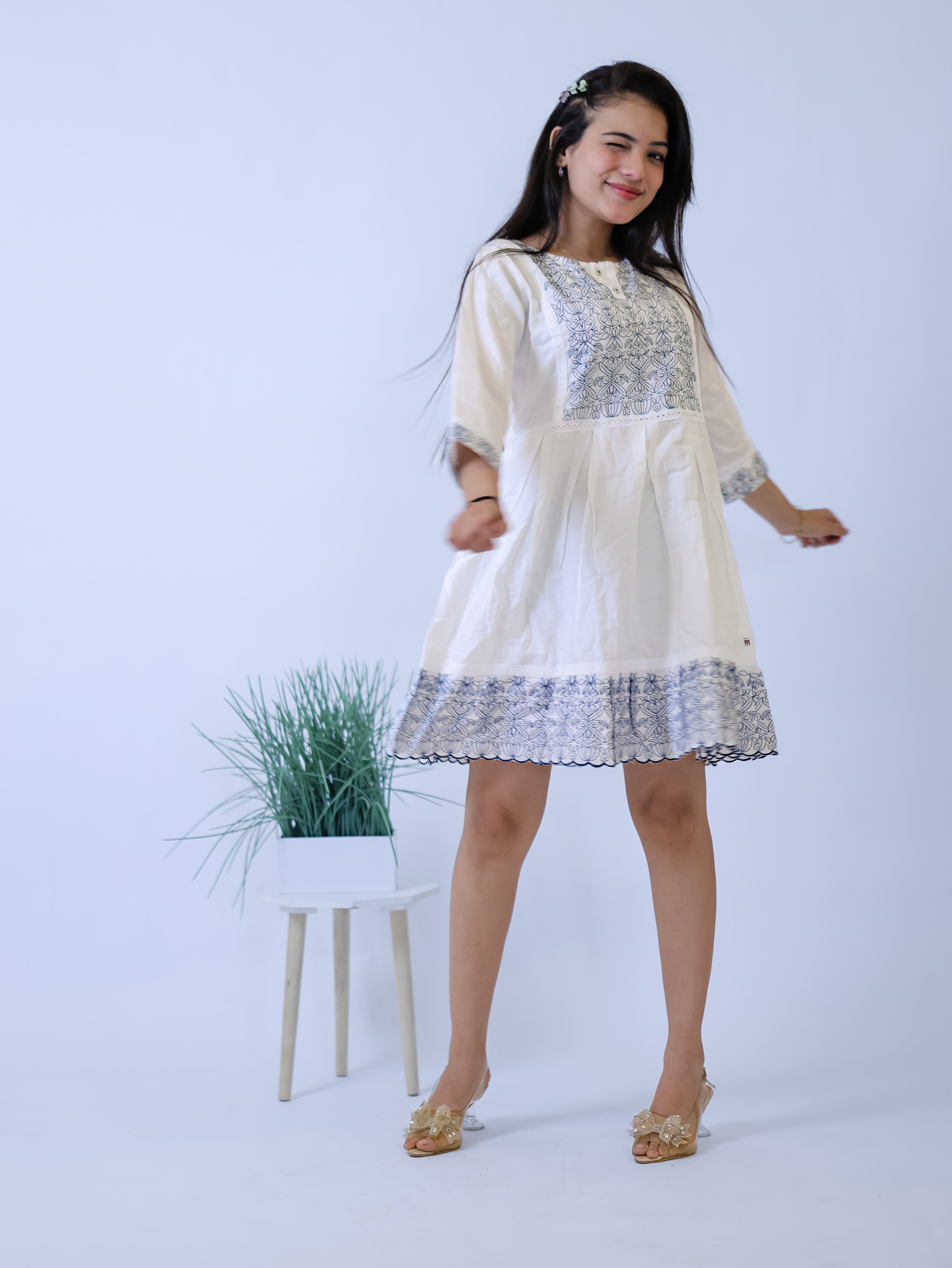 Ivory Indigo Bloom Embroidered Mini Dress