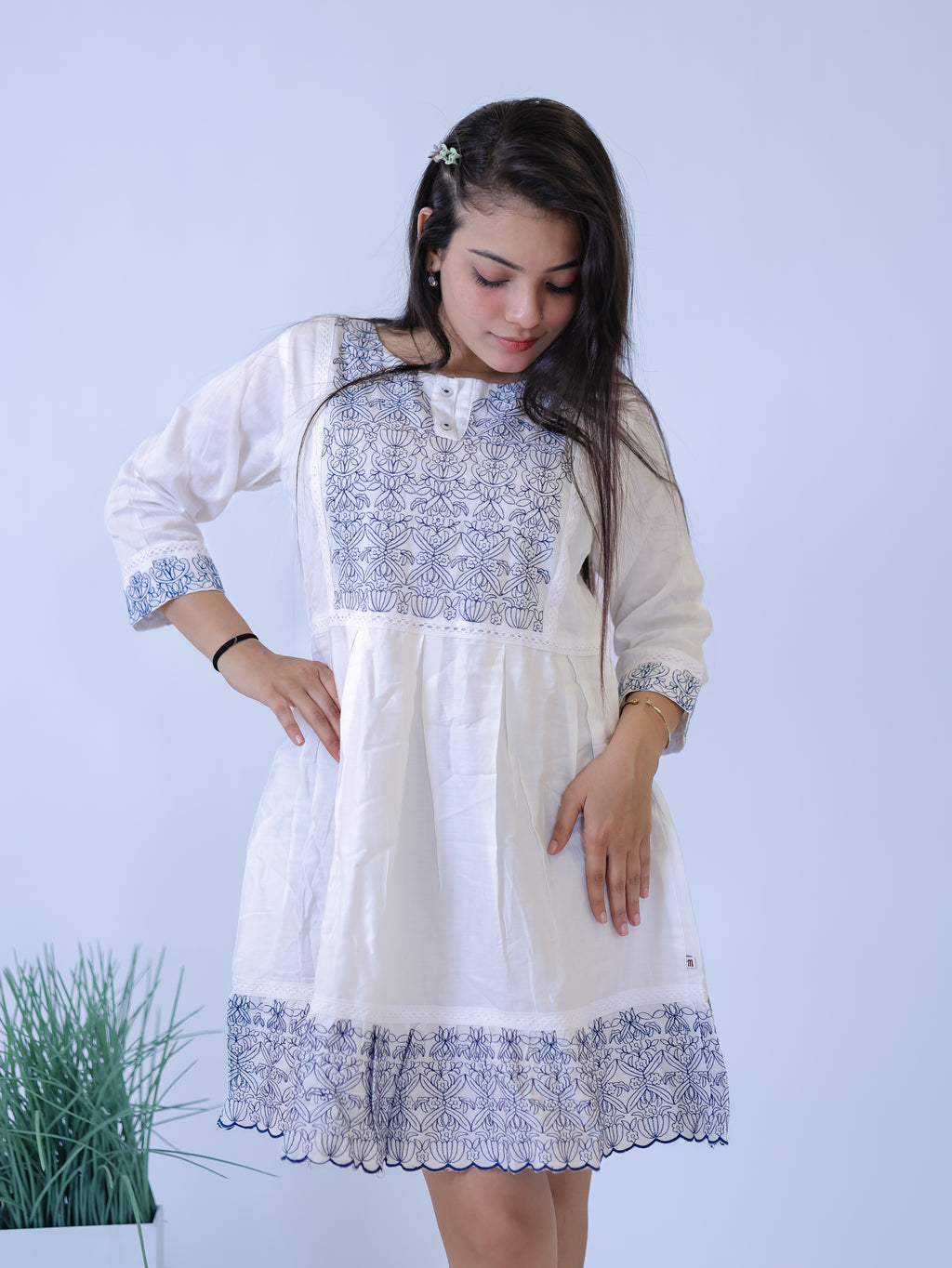 Ivory Indigo Bloom Embroidered Mini Dress