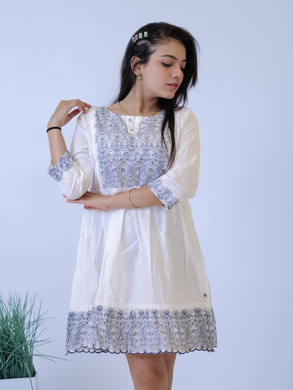 Ivory Indigo Bloom Embroidered Mini Dress