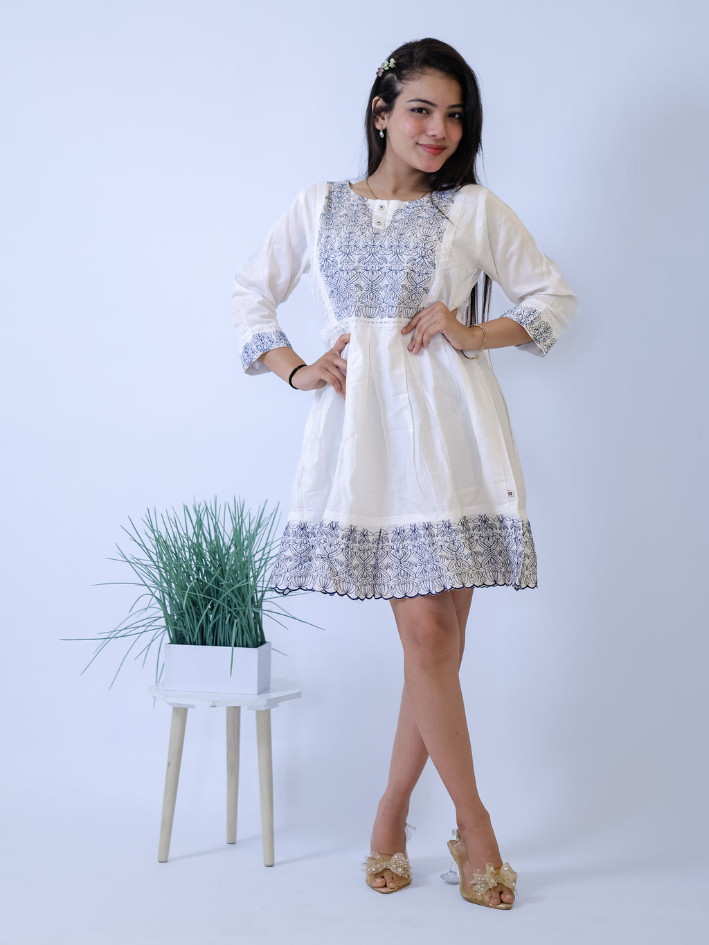 Ivory Indigo Bloom Embroidered Mini Dress