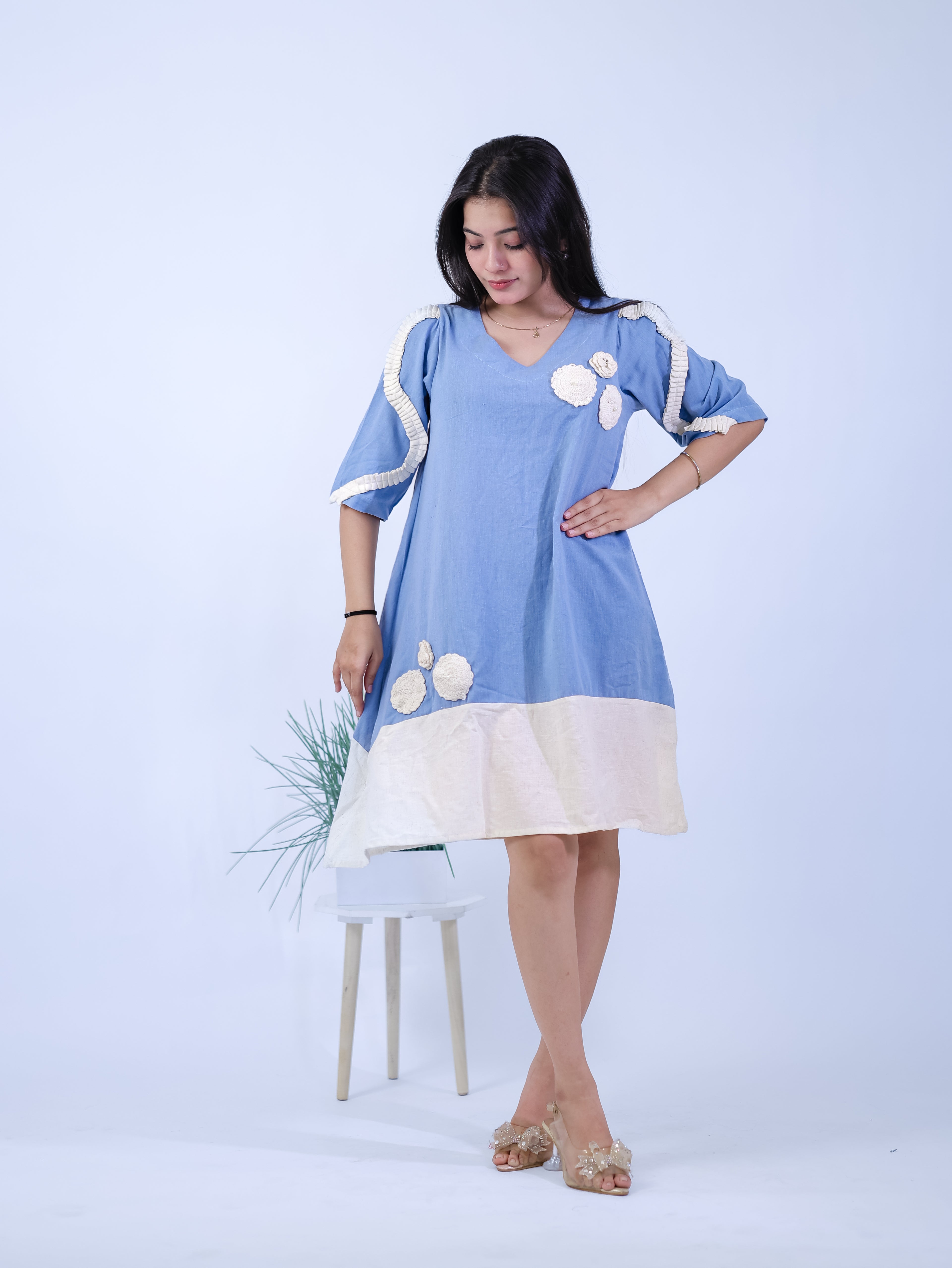 Sky Petal Floral Applique Midi Dress