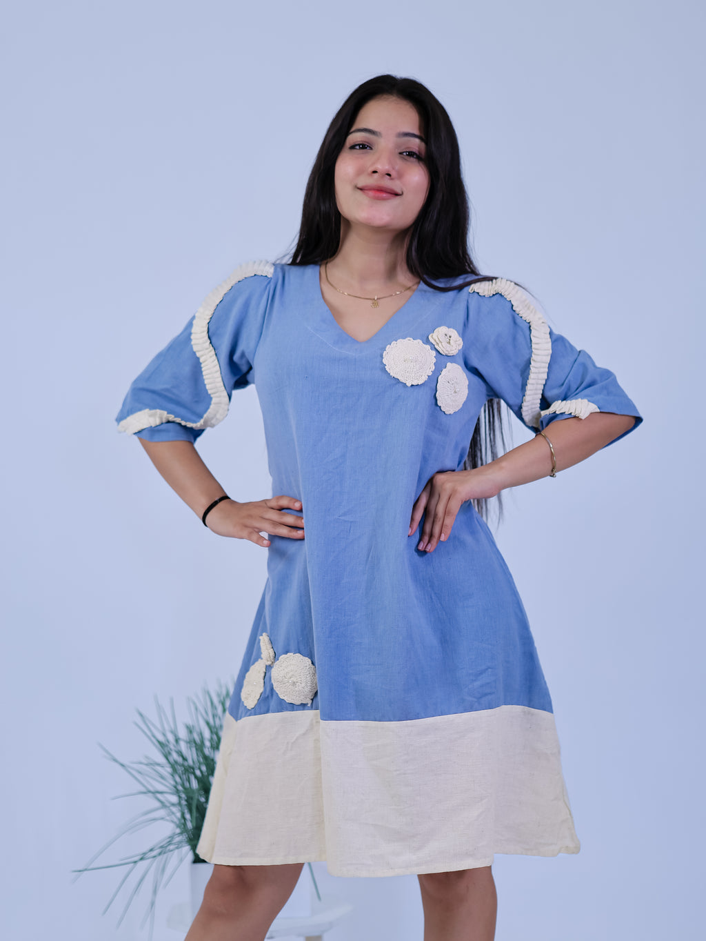 Sky Petal Floral Applique Midi Dress