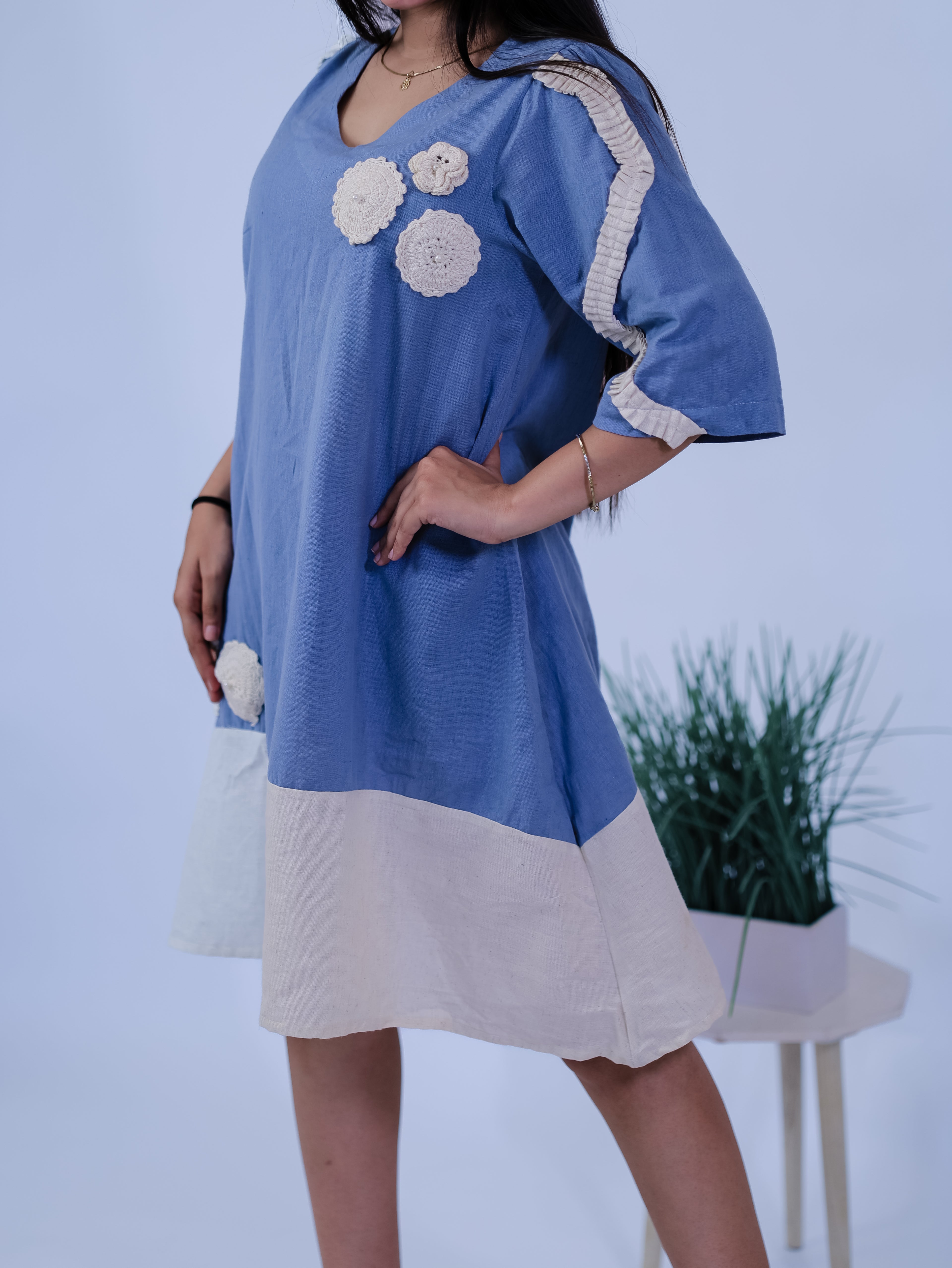 Sky Petal Floral Applique Midi Dress