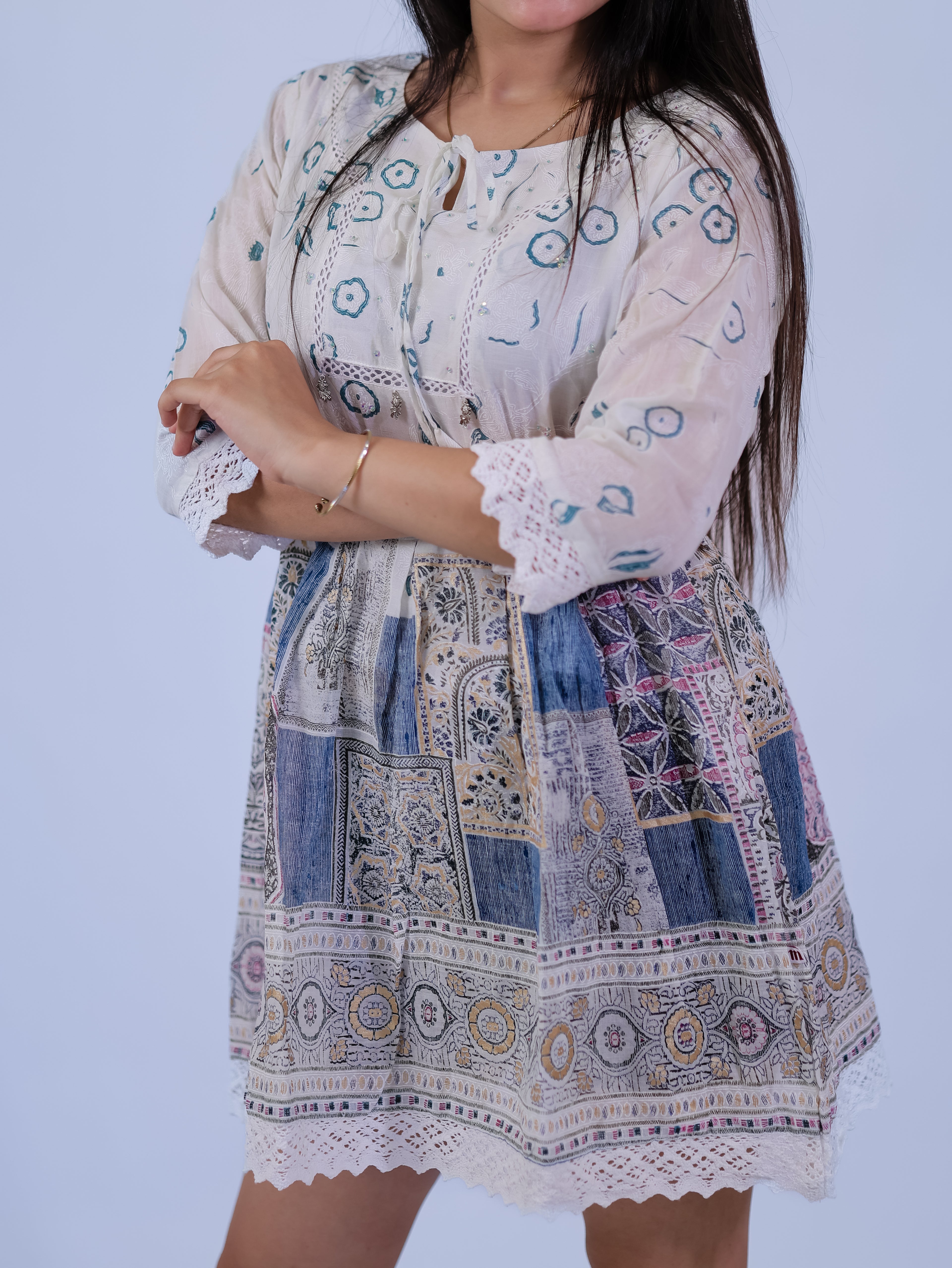 Azure Patola Block Print Lace Hem Mini Dress