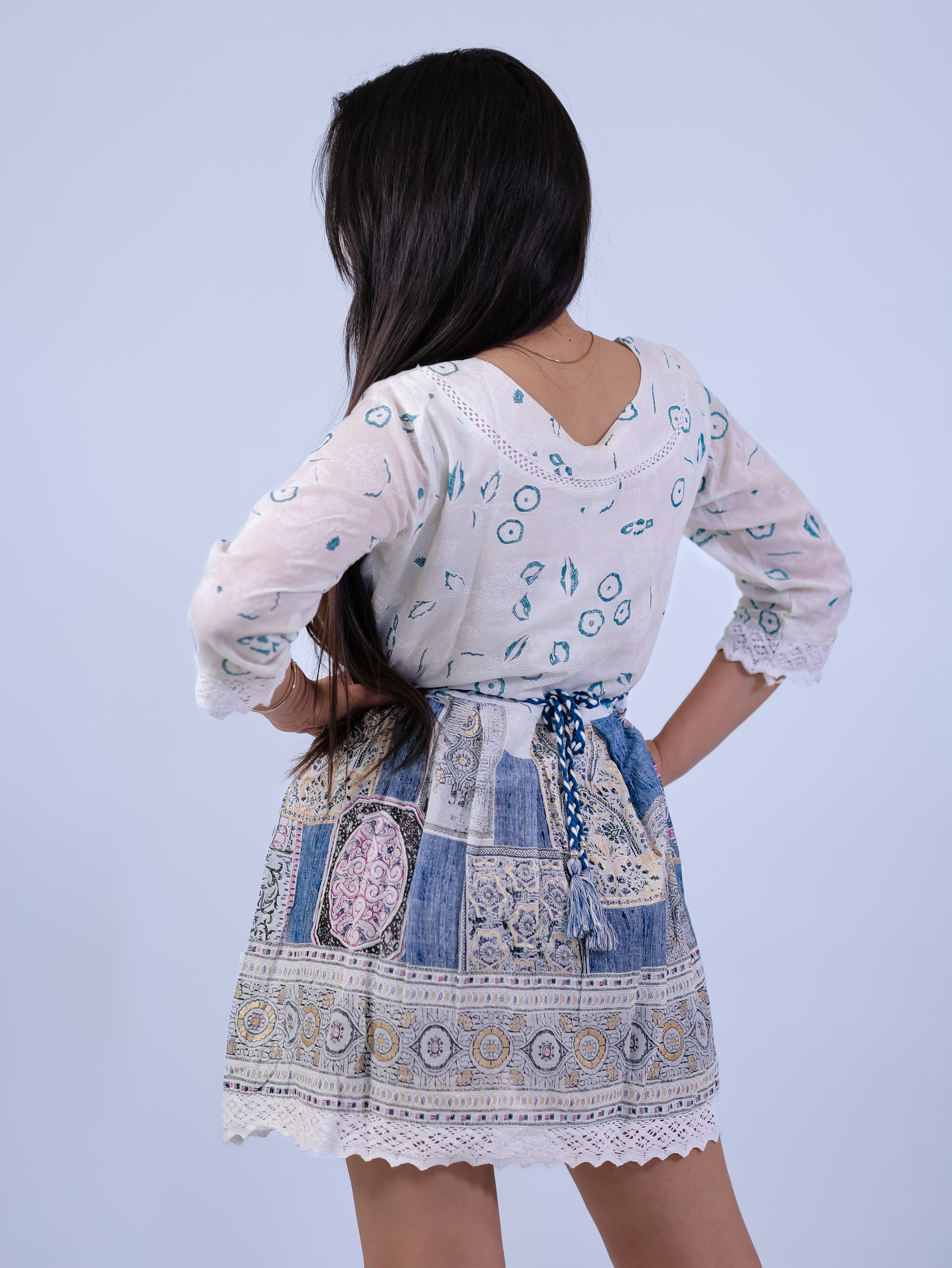 Azure Patola Block Print Lace Hem Mini Dress