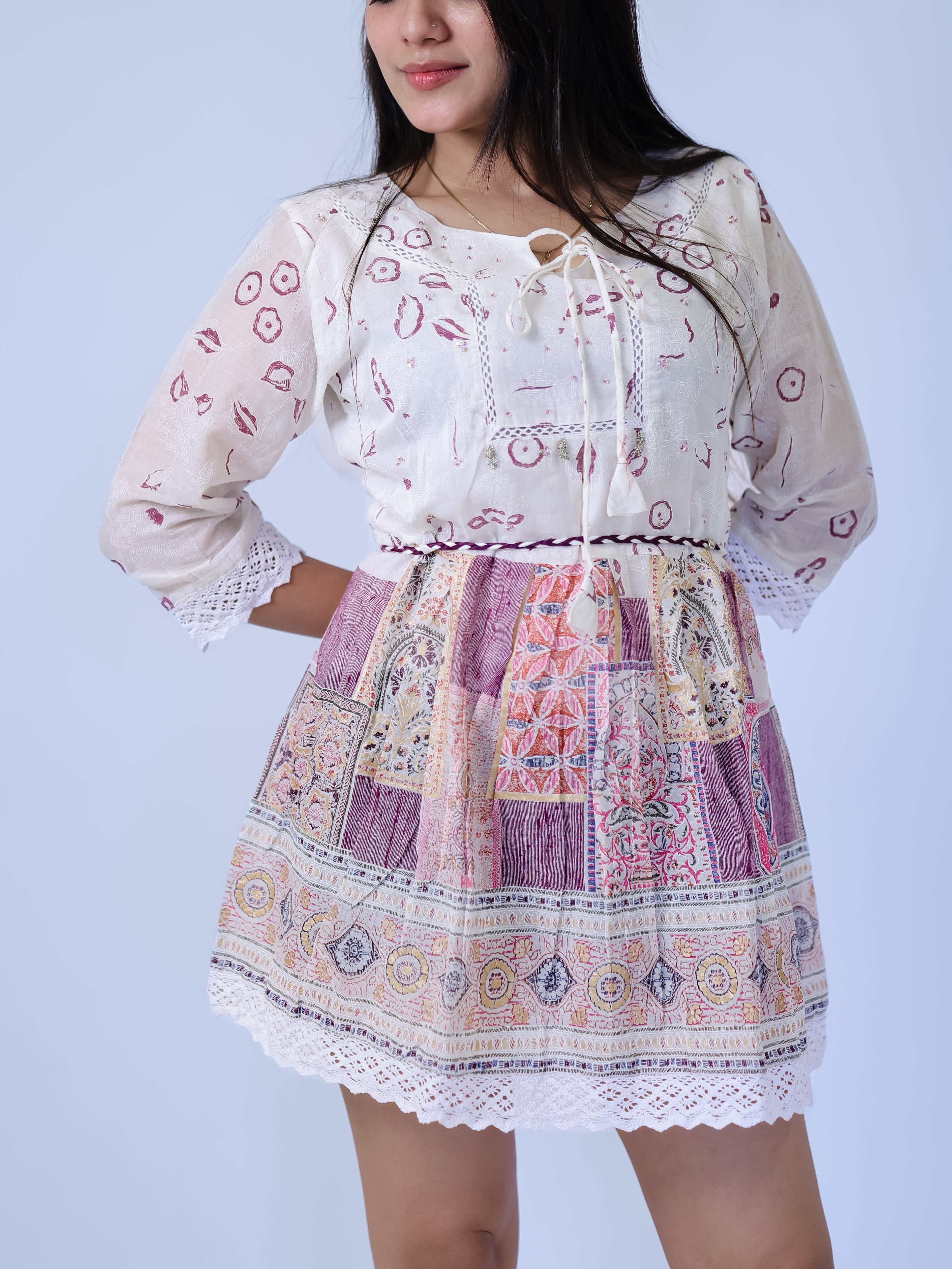 Rose Patola Block Print Lace Hem Mini Dress