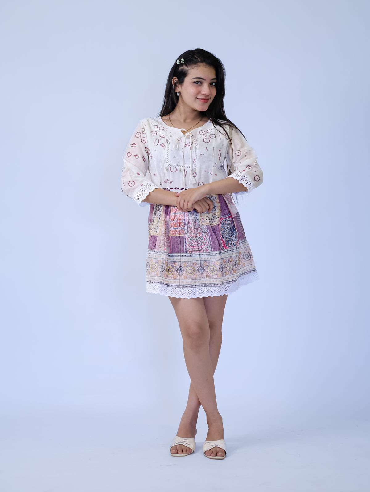 Rose Patola Block Print Lace Hem Mini Dress