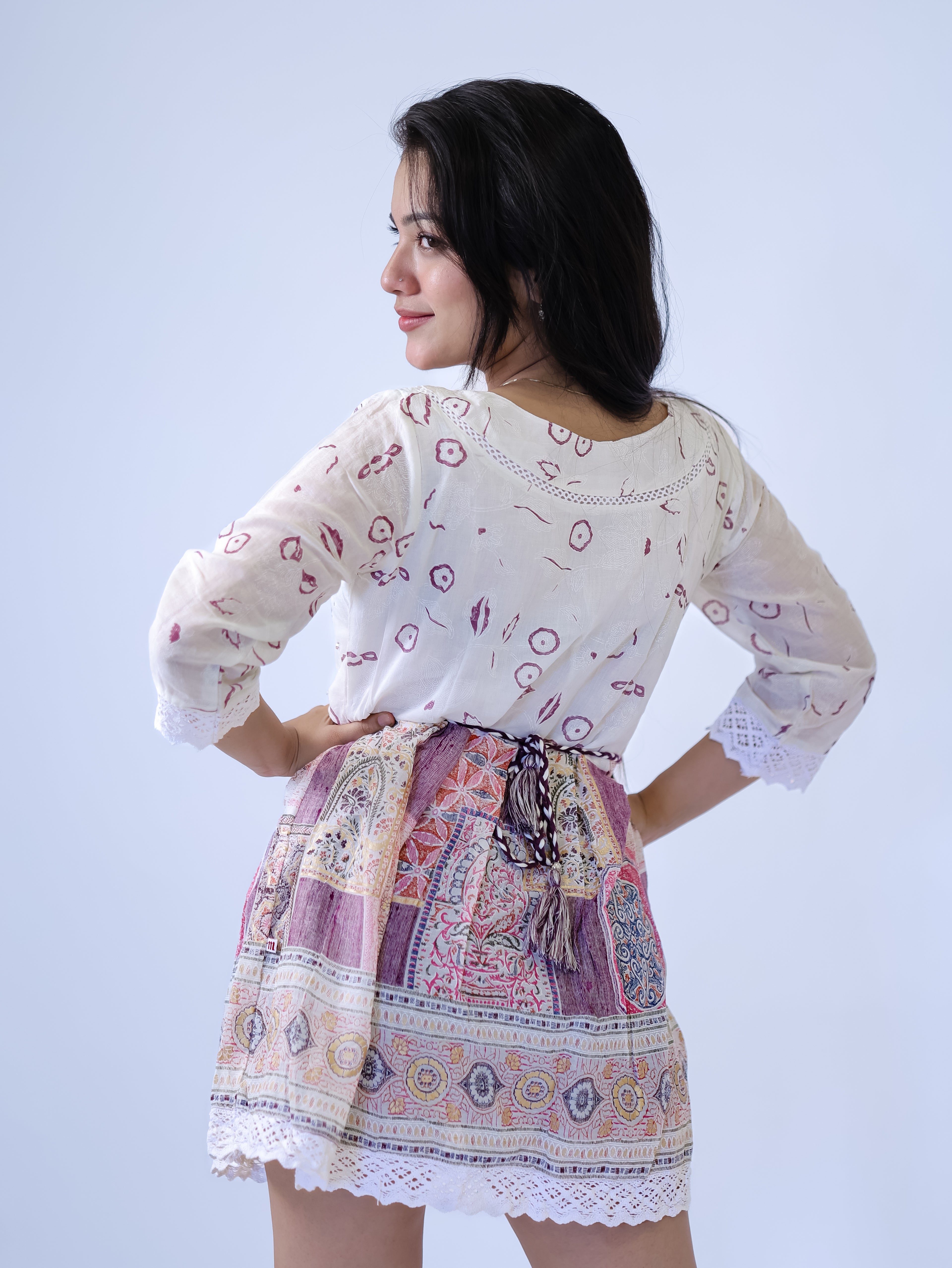 Rose Patola Block Print Lace Hem Mini Dress