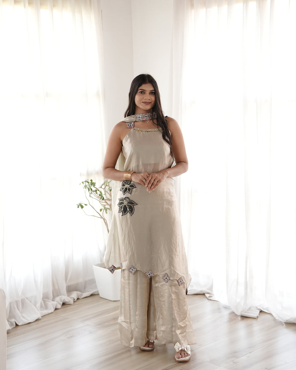 Beige Embroidered Kurta Set with Flared Palazzo & Choker Dupatta