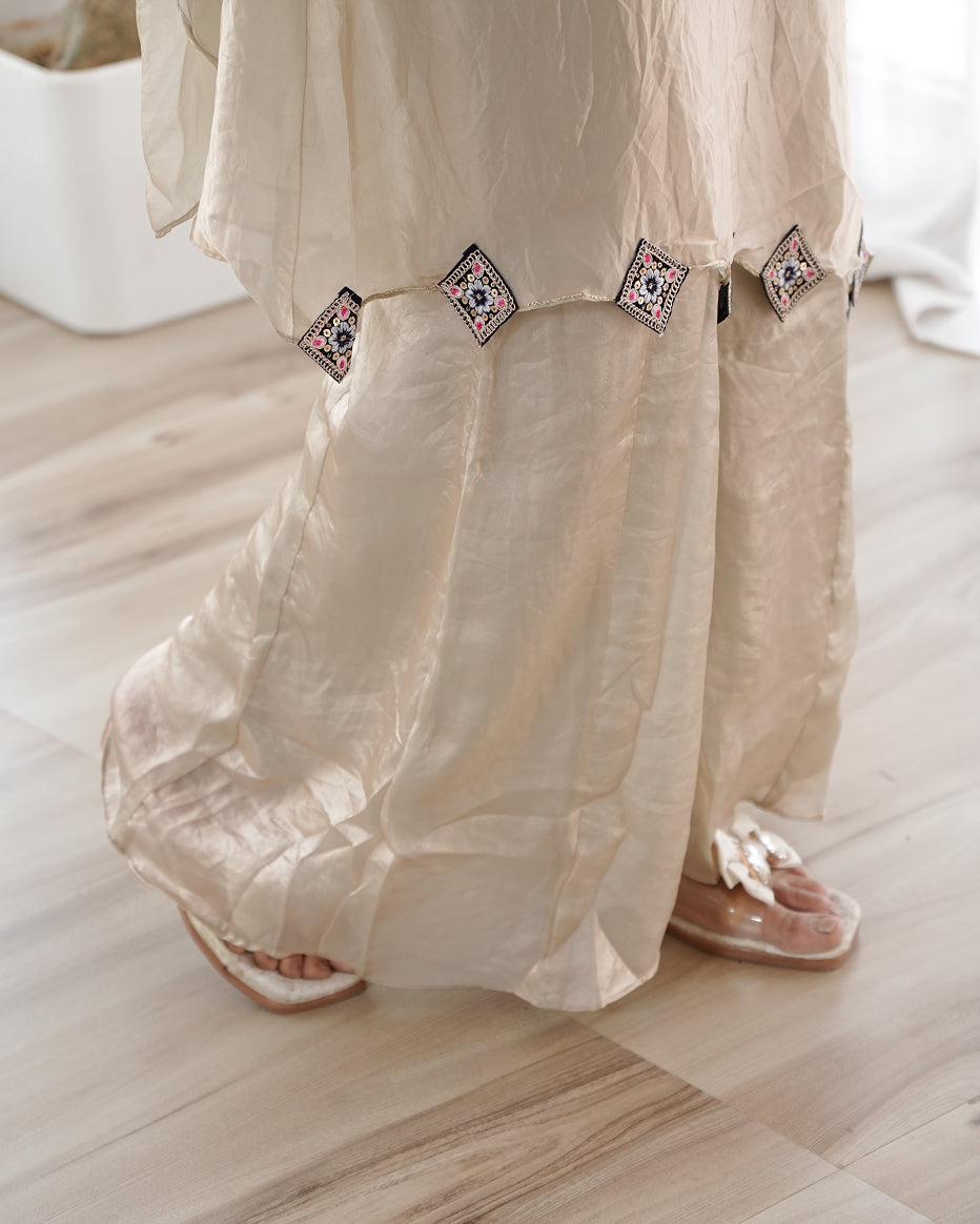 Beige Embroidered Kurta Set with Flared Palazzo & Choker Dupatta