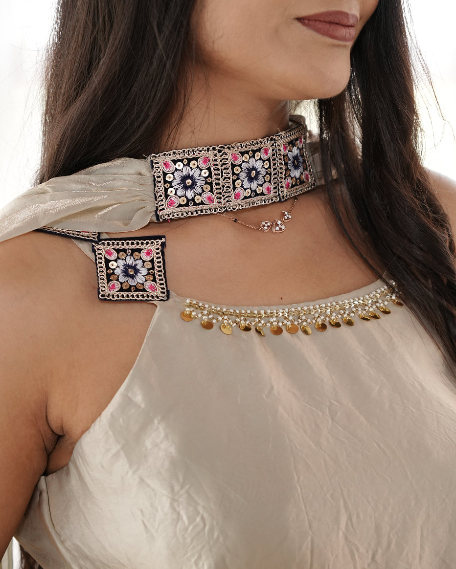 Beige Embroidered Kurta Set with Flared Palazzo & Choker Dupatta