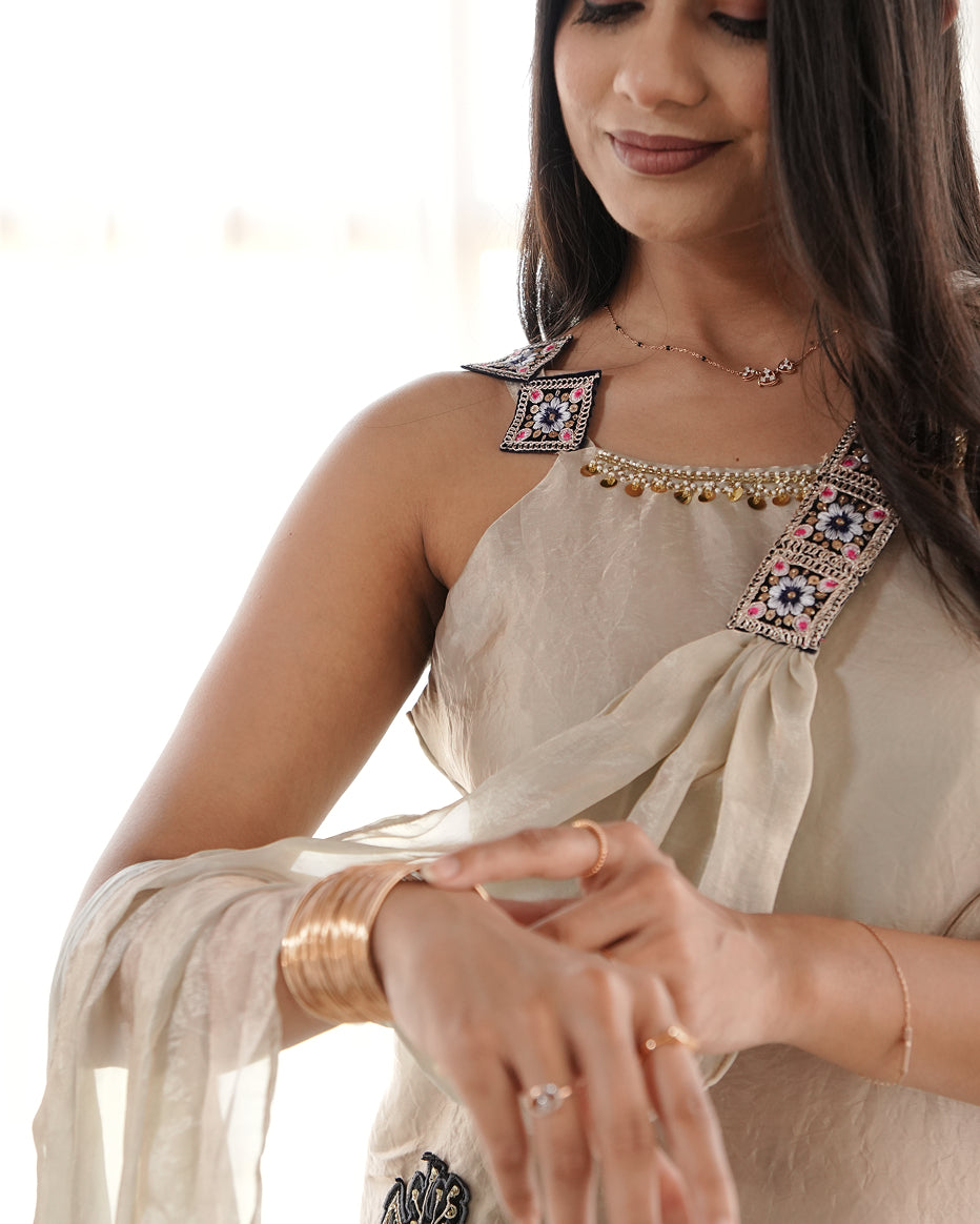Beige Embroidered Kurta Set with Flared Palazzo & Choker Dupatta