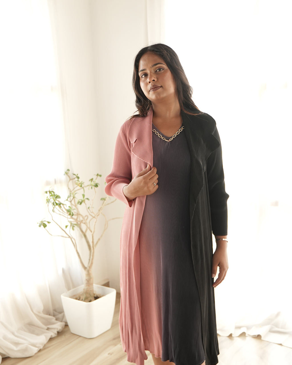 Blush Noir Dual-Tone Layered Midi Dress