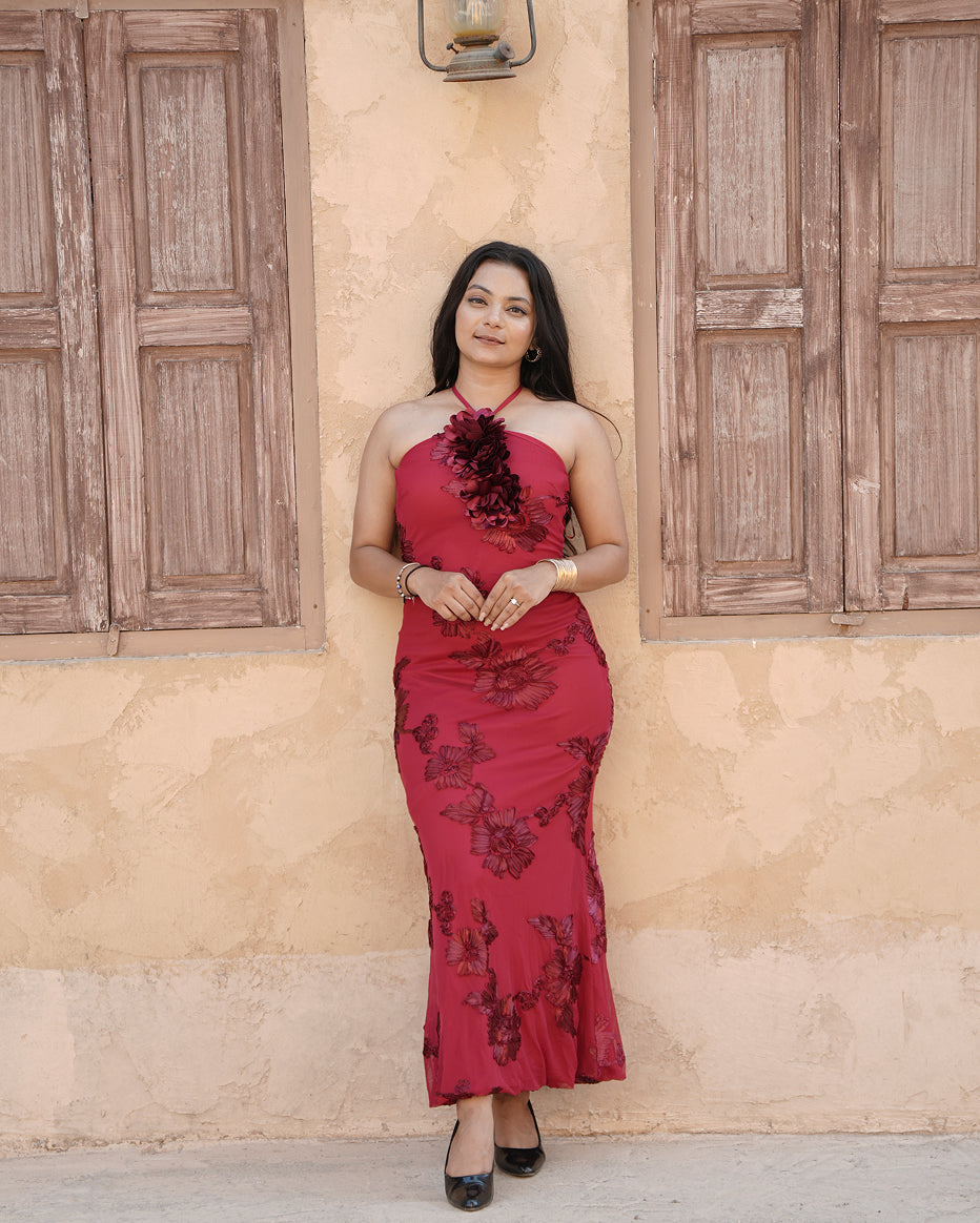 Crimson Bloom Halter Neck Midi Dress