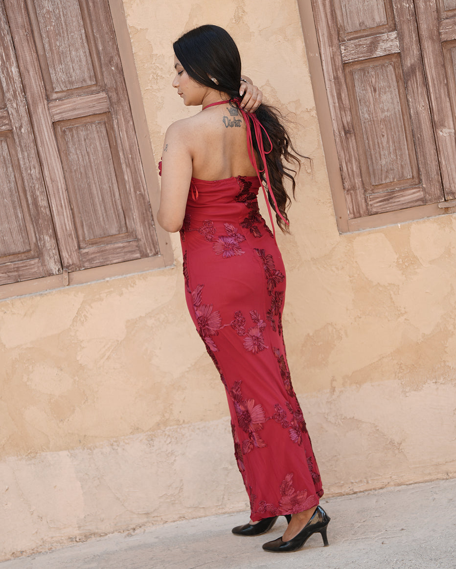 Crimson Bloom Halter Neck Midi Dress