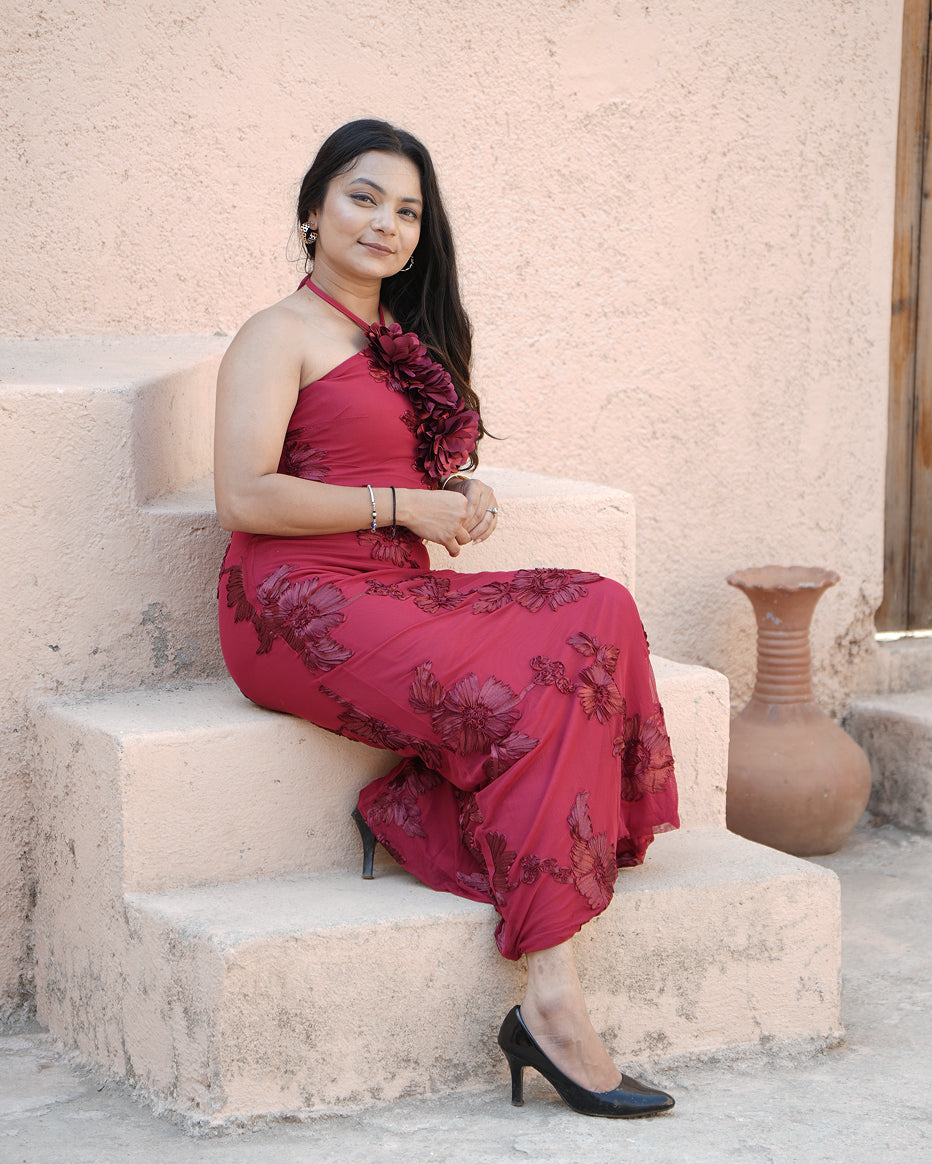 Crimson Bloom Halter Neck Midi Dress
