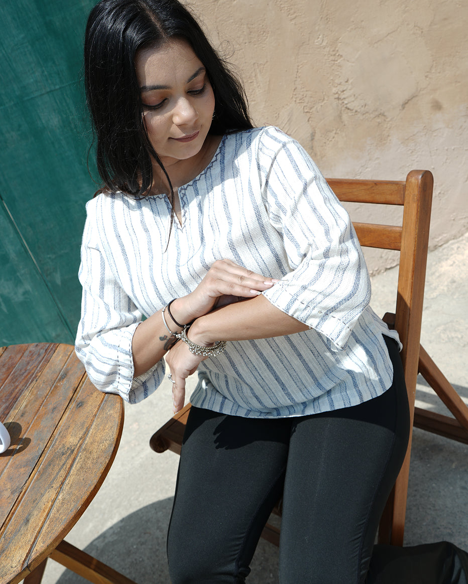 Graphite Blue Jute Stripe Relaxed Shirt Top