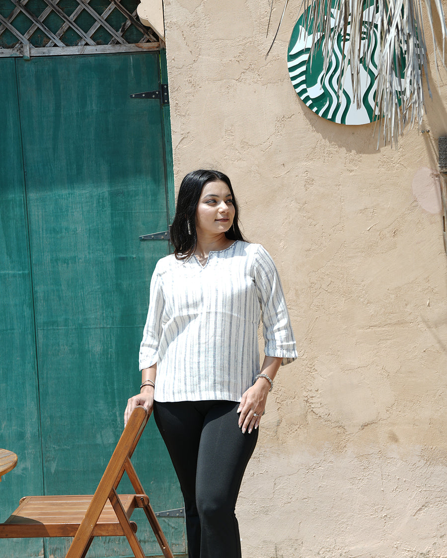Graphite Blue Jute Stripe Relaxed Shirt Top