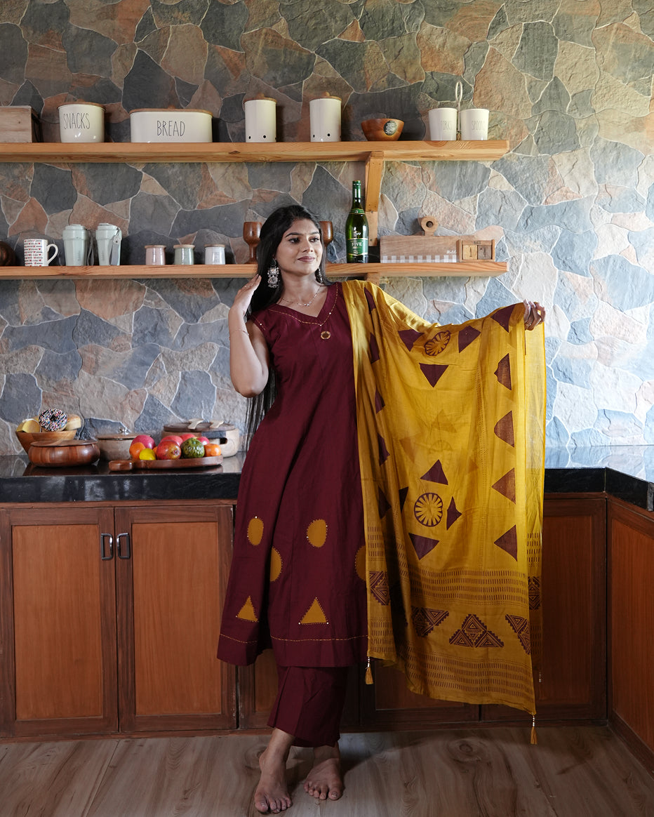 Maroon Mustard Geometric Co-Ord Set with Dupatta