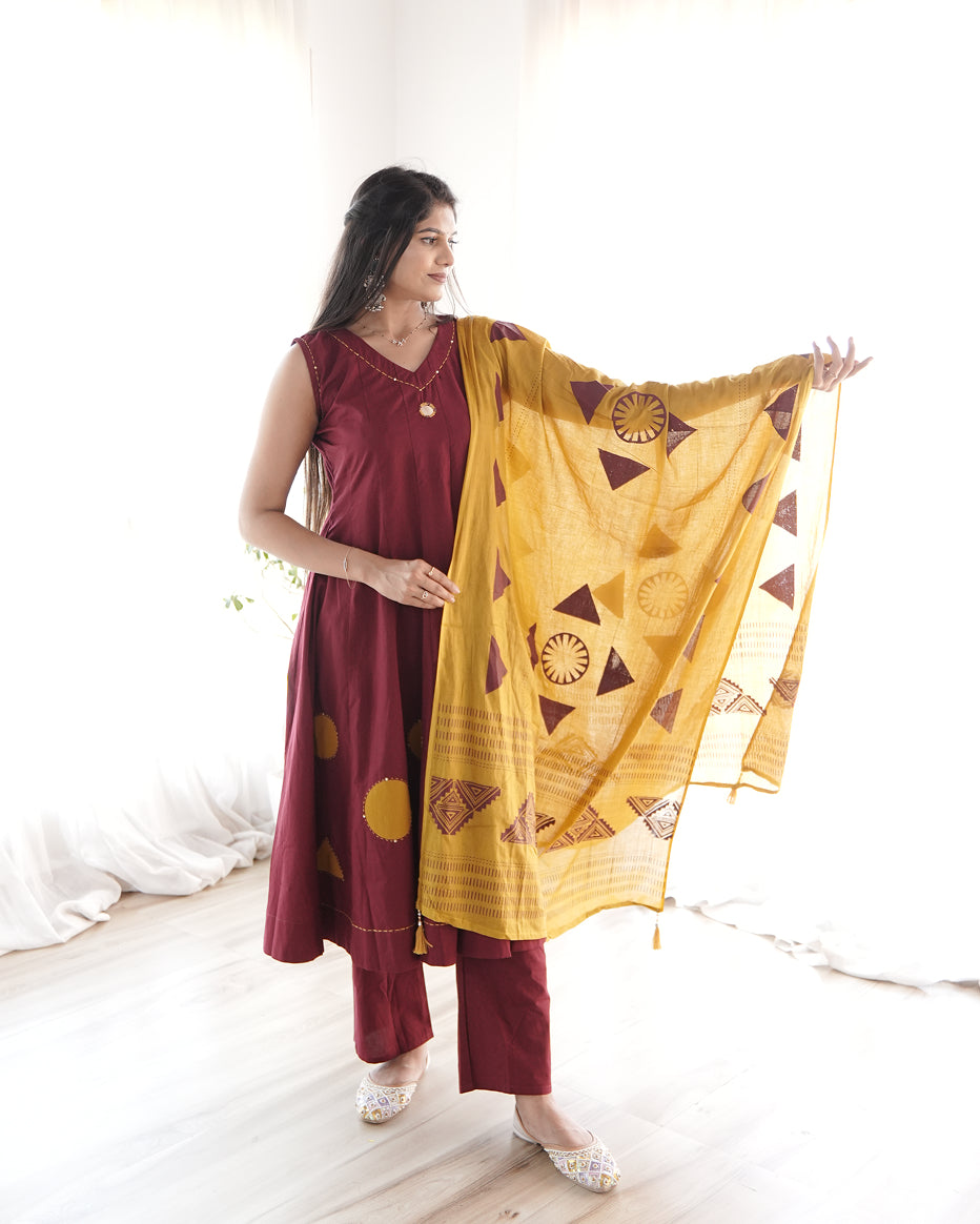 Maroon Mustard Geometric Co-Ord Set with Dupatta