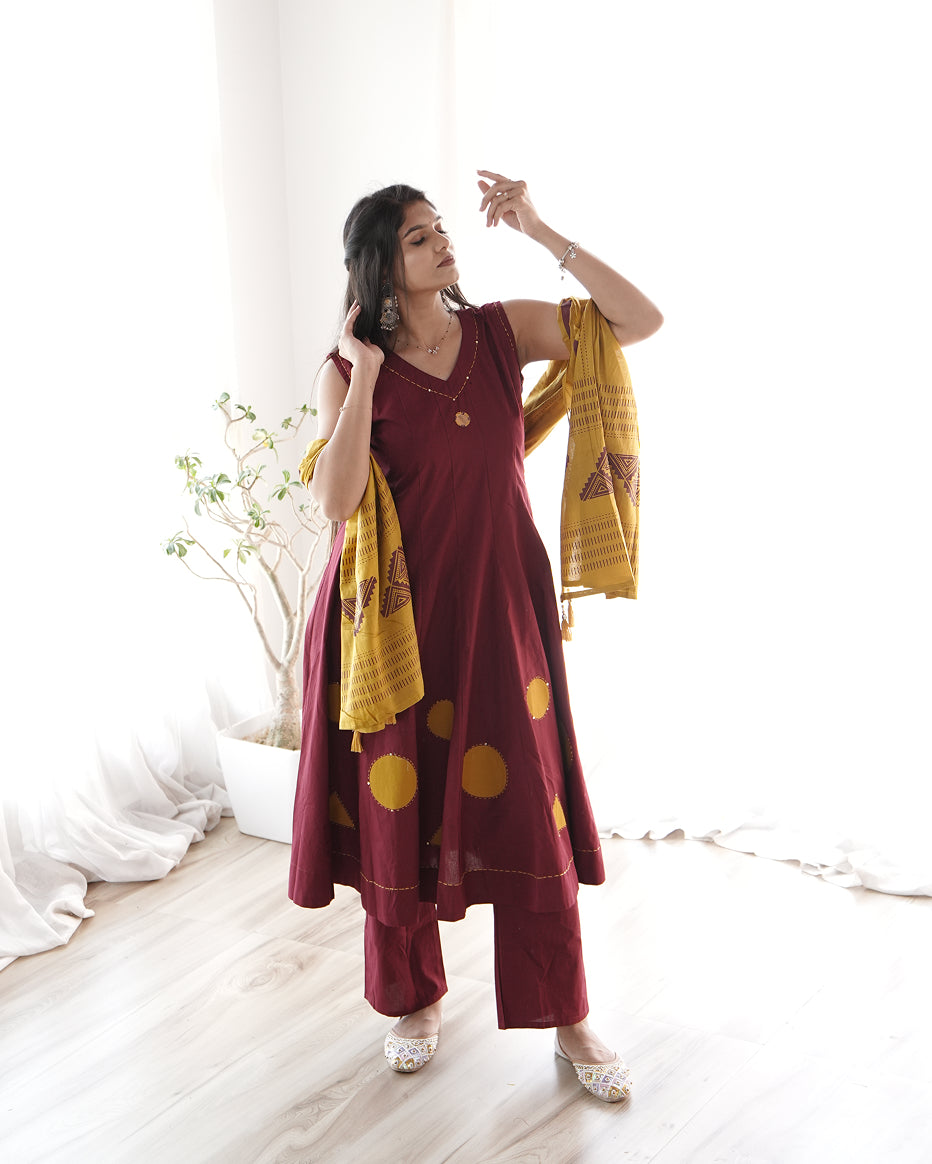 Maroon Mustard Geometric Co-Ord Set with Dupatta