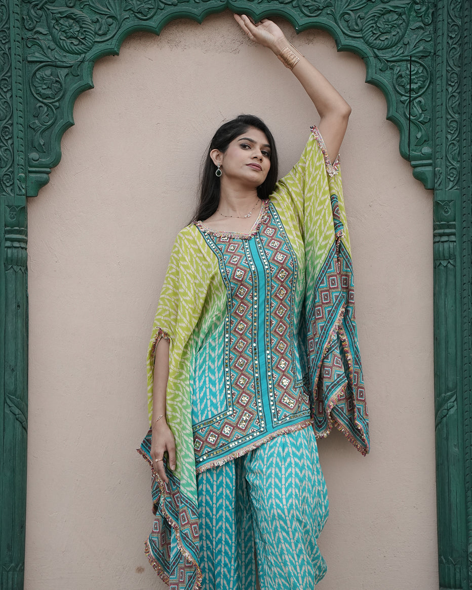Mehendi Teal Printed Kaftan Set