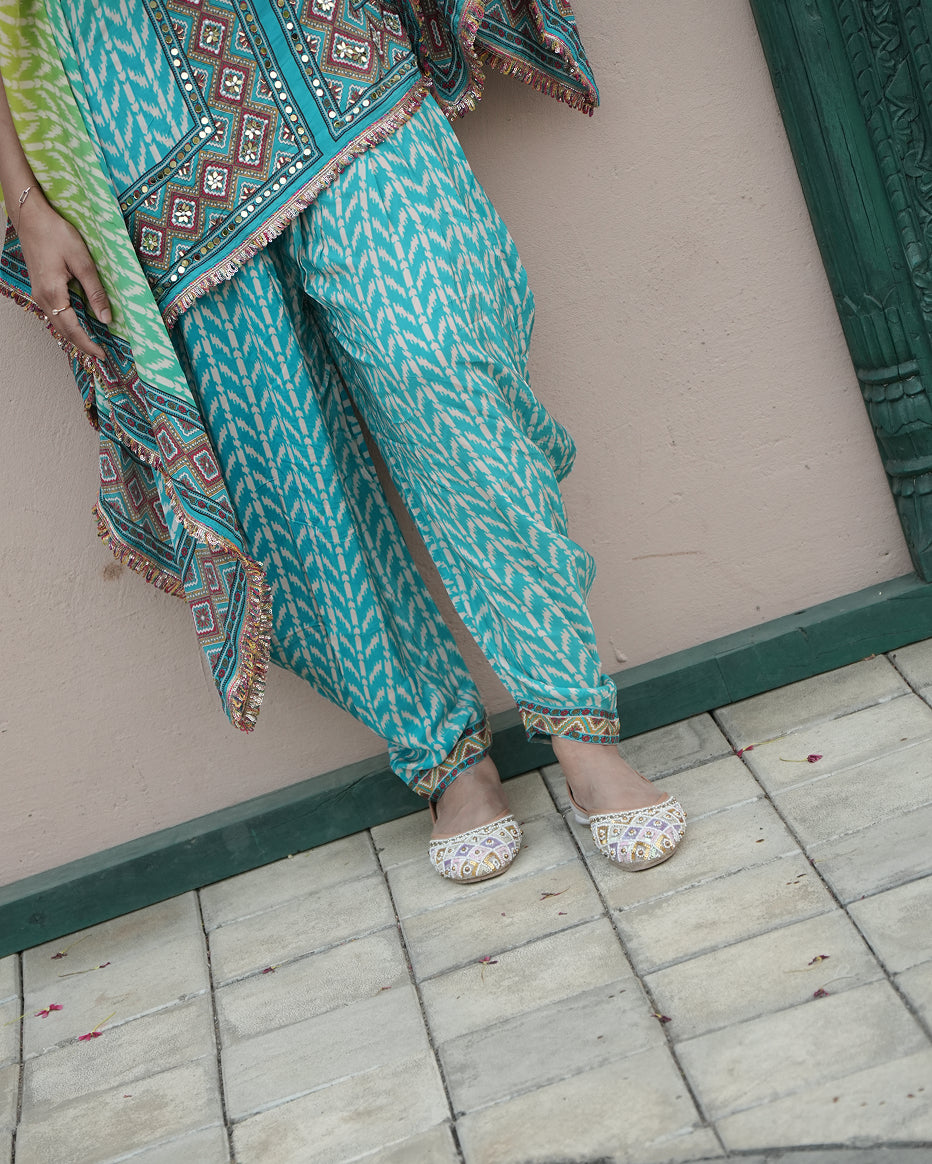 Mehendi Teal Printed Kaftan Set