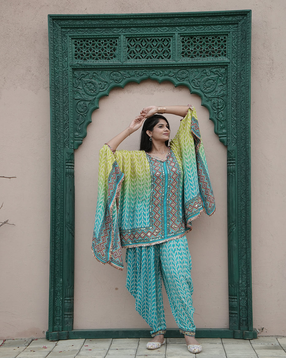 Mehendi Teal Printed Kaftan Set