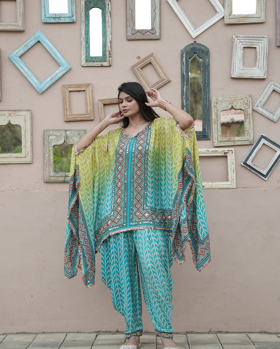 Mehendi Teal Printed Kaftan Set