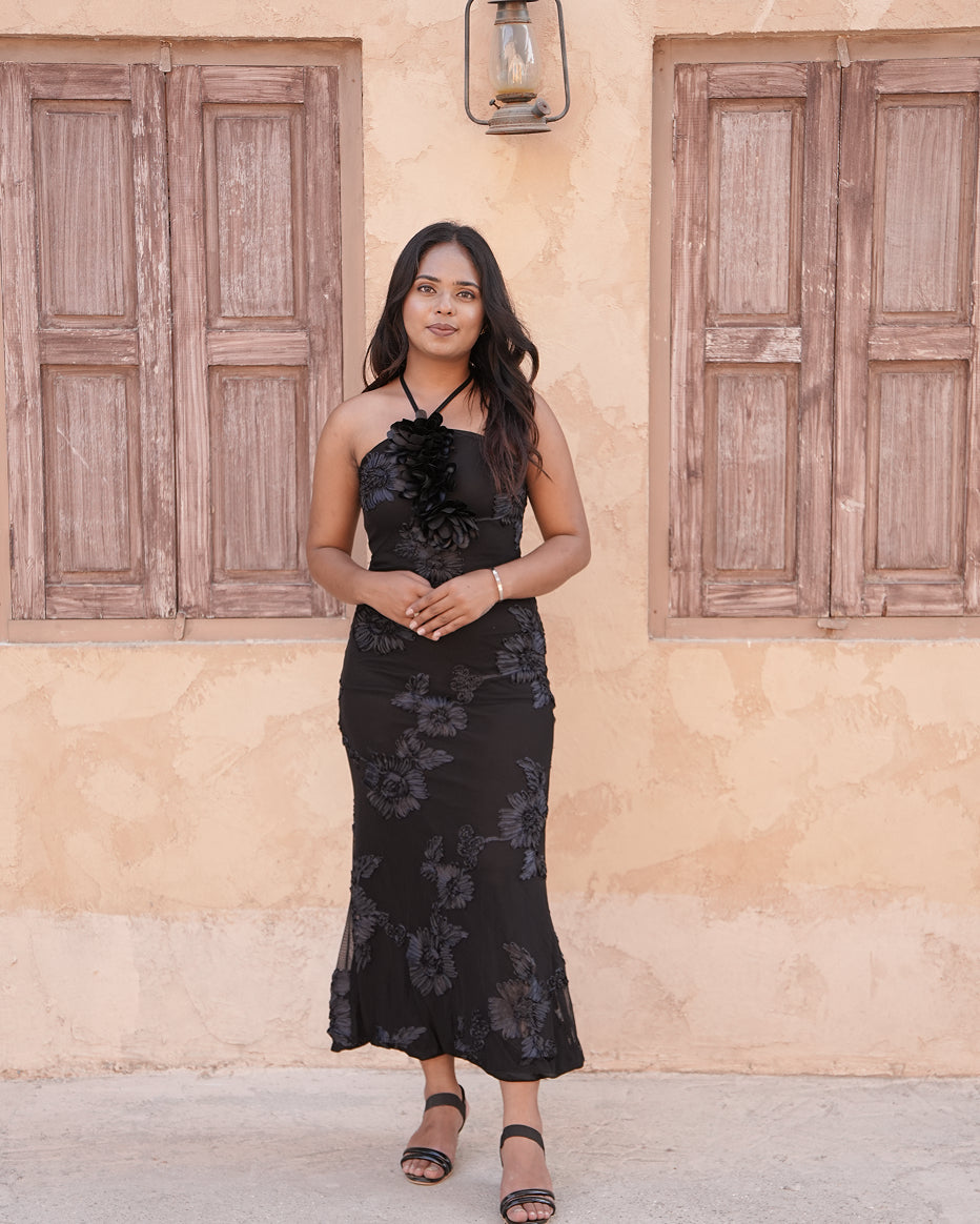 Midnight Bloom Halter Neck Midi Dress