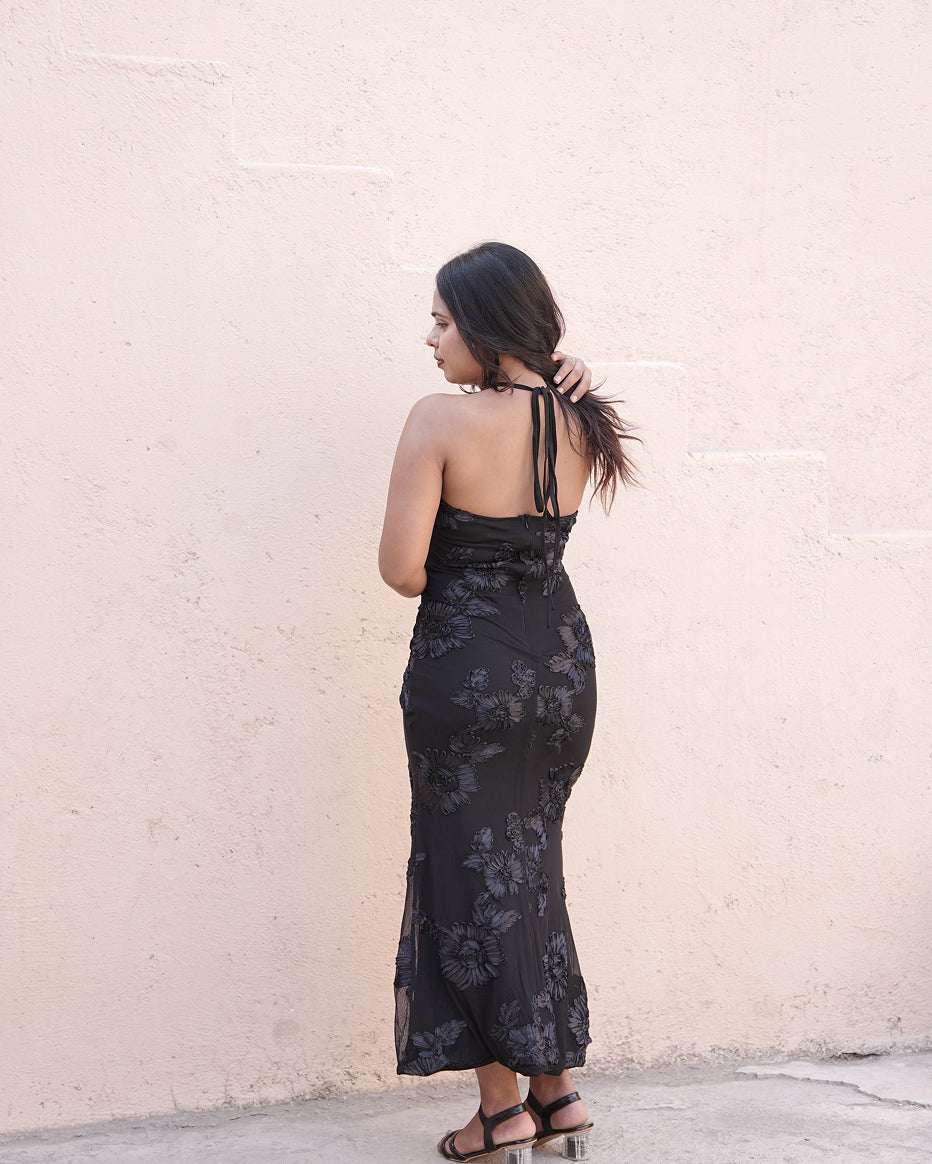 Midnight Bloom Halter Neck Midi Dress