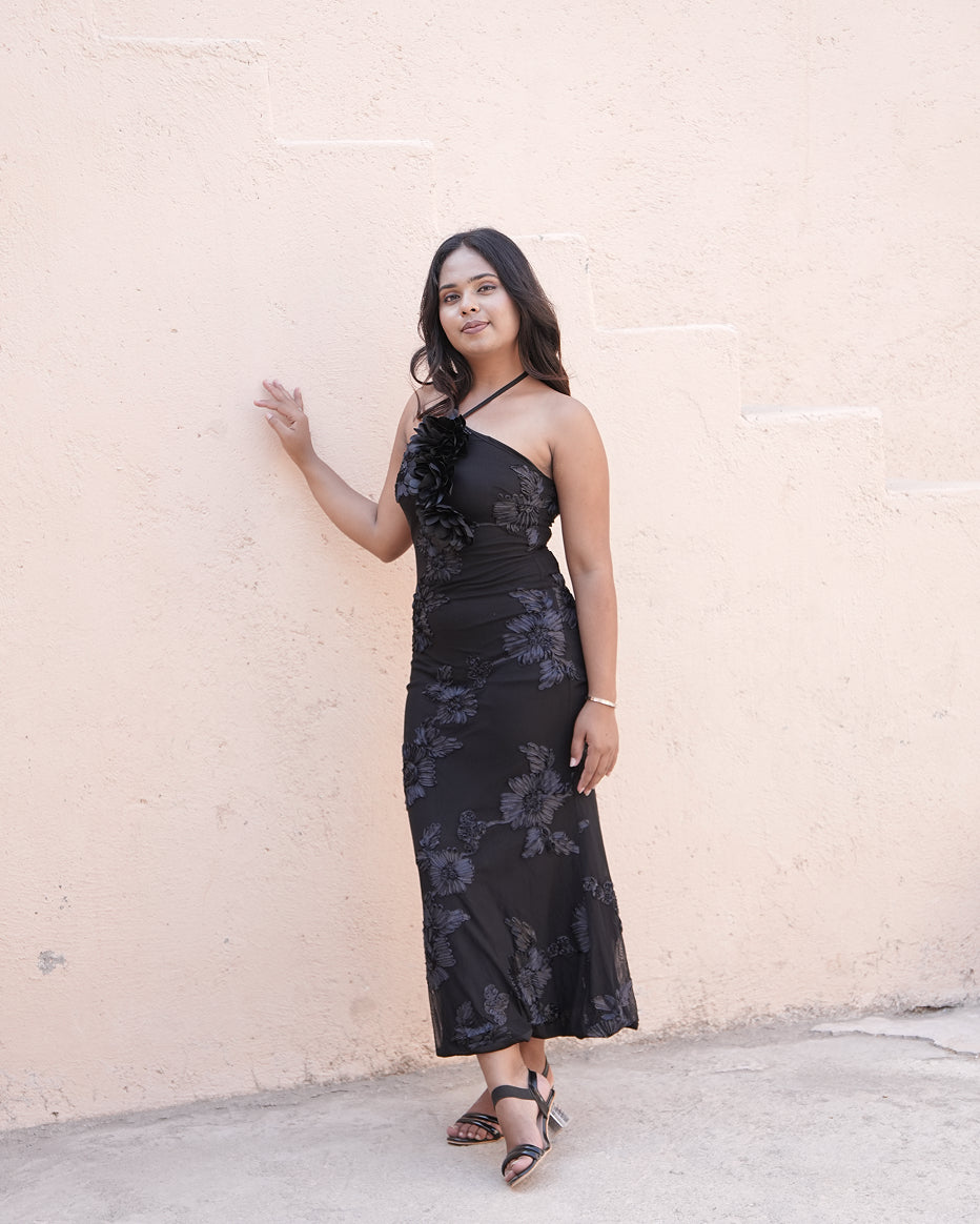 Midnight Bloom Halter Neck Midi Dress