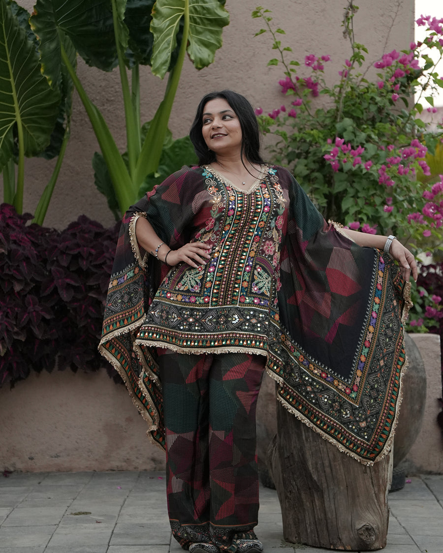 Midnight Mehendi Embroidered Kaftan Set