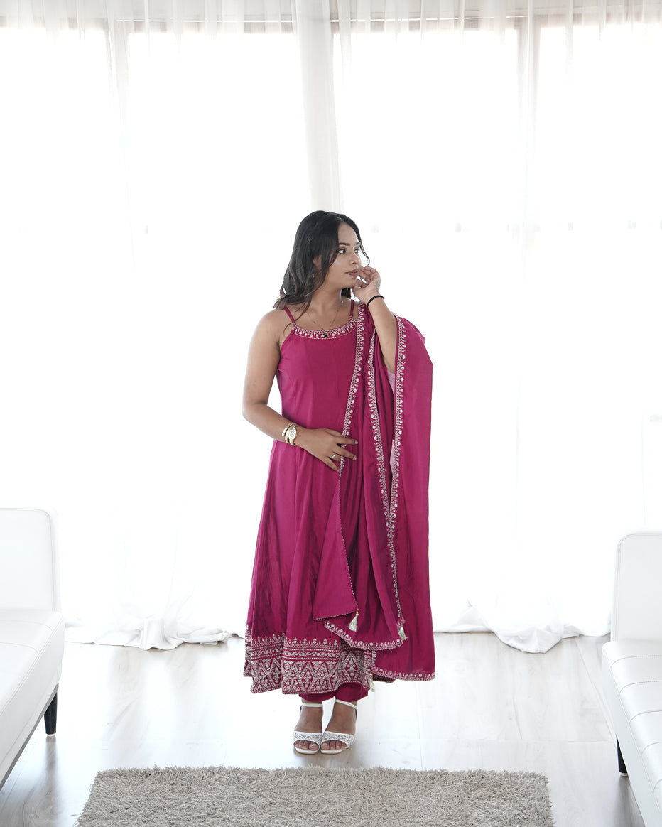 Rose Pink Embroidered Anarkali Suit Set