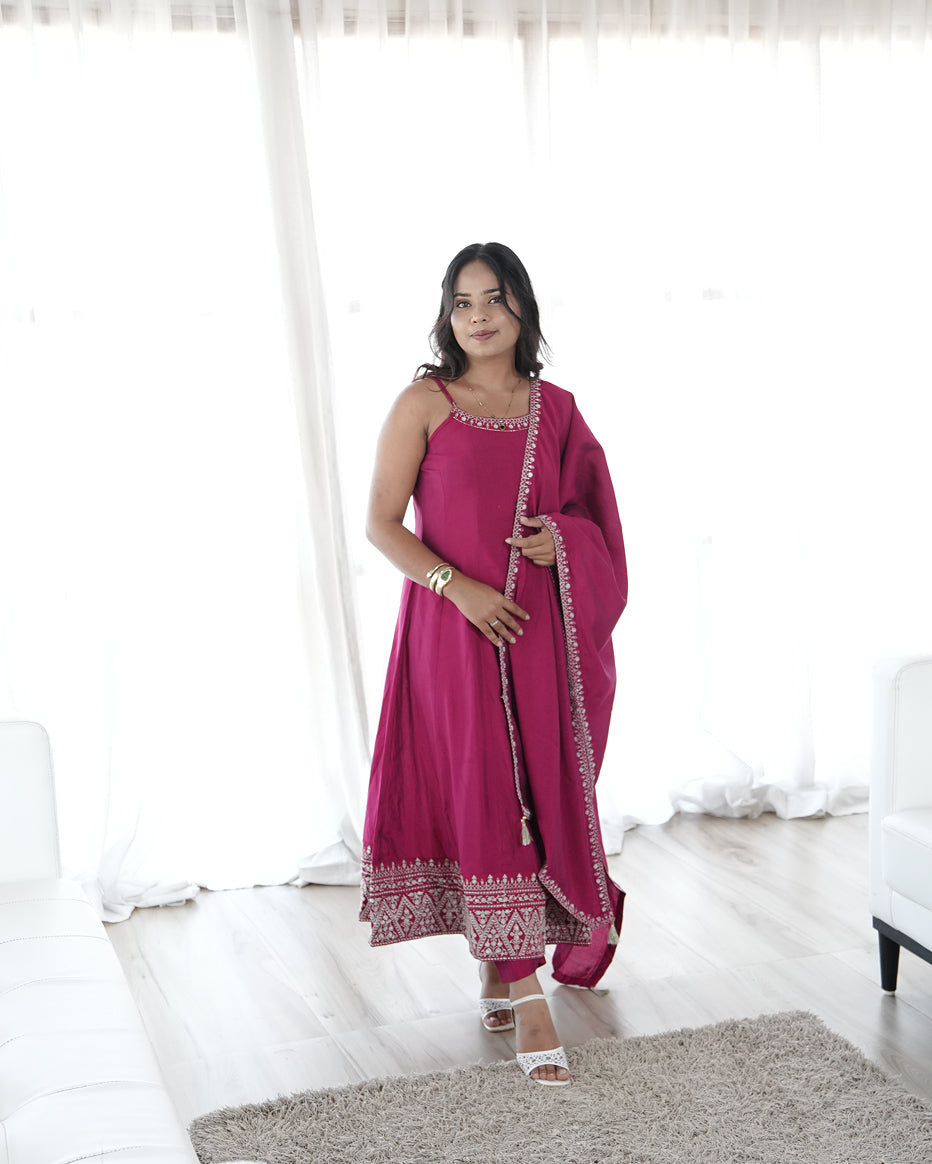 Rose Pink Embroidered Anarkali Suit Set
