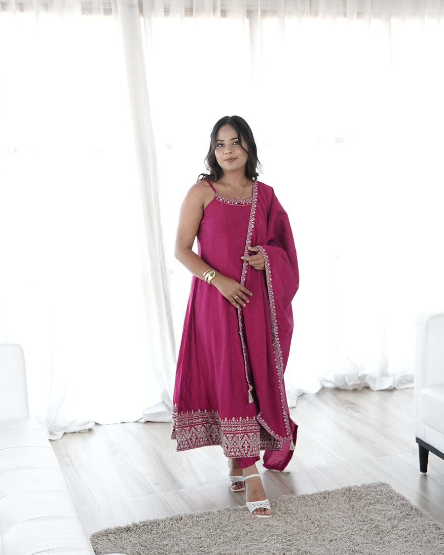 Rose Pink Embroidered Anarkali Suit Set